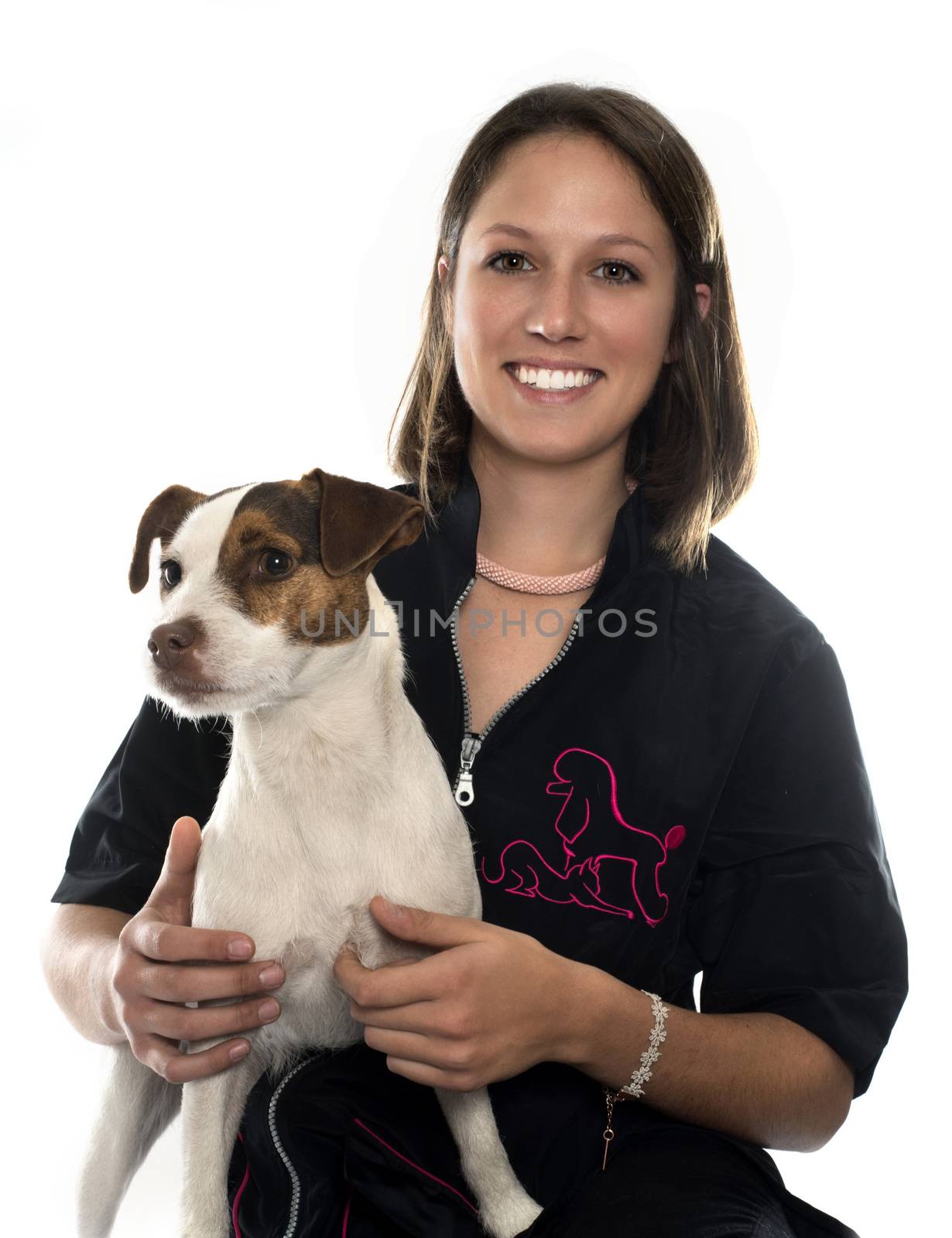jack russel terrier and woman in front of white background