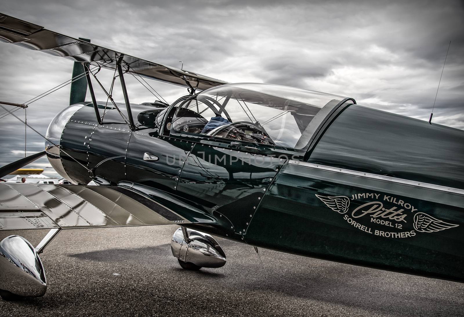 Redding, California, USA- September 28, 2014: A Pitts Model 12 stunt plane built by Jimmy Kilroy is on display at the Redding Airshow in northern California.