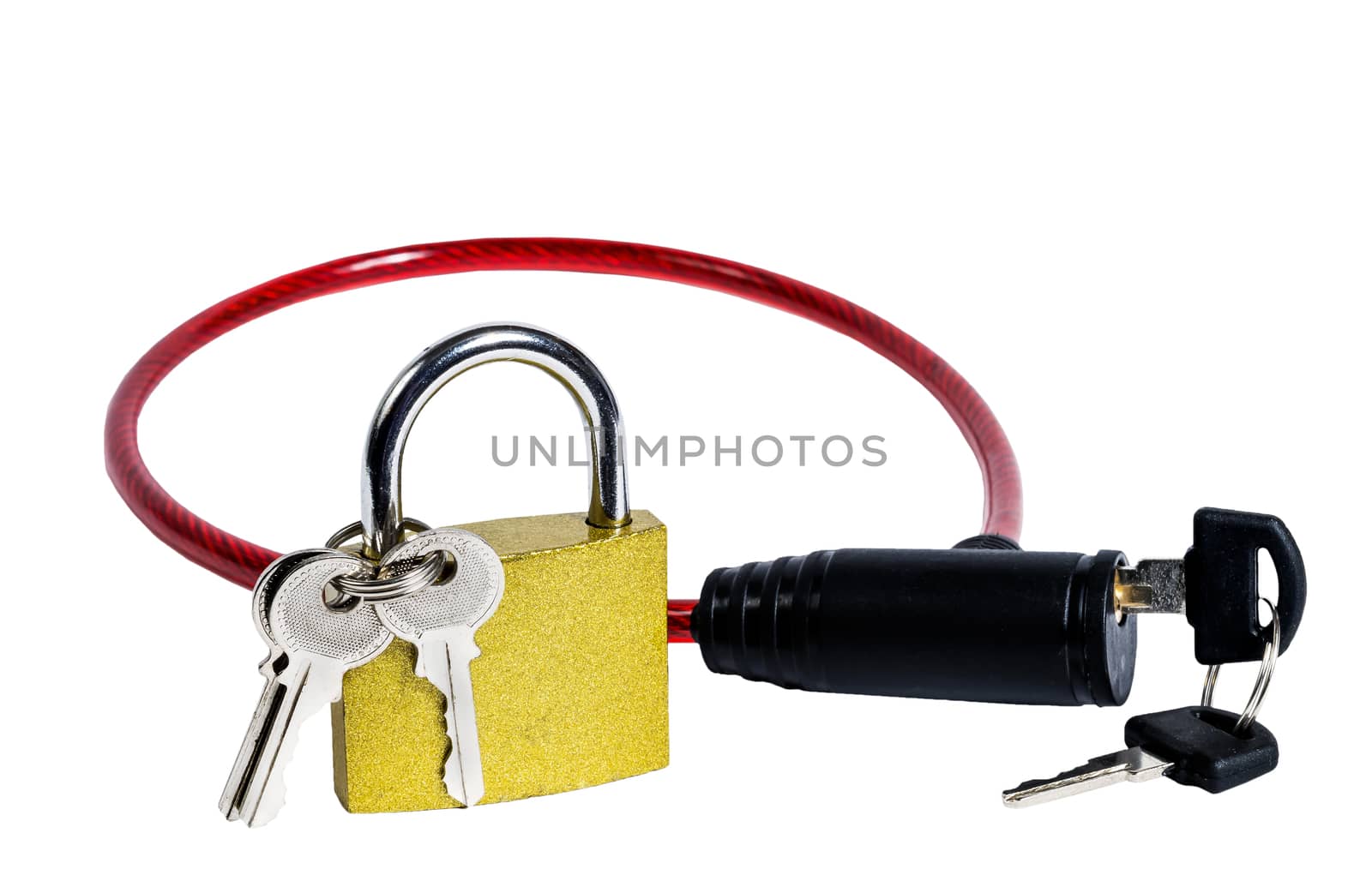 Selective focus on the gold lock and black part of other lock with the red part out of focus