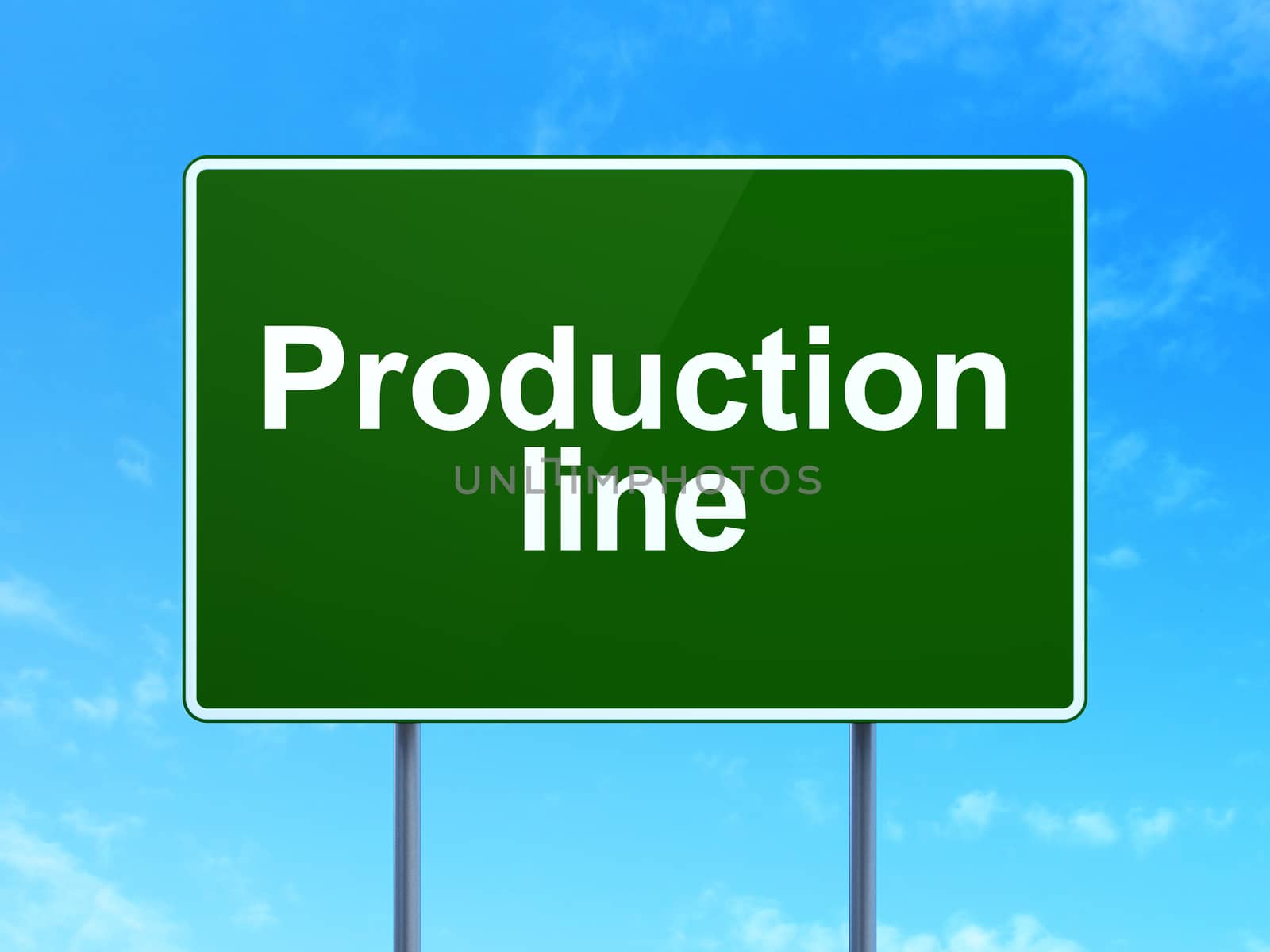 Industry concept: Production Line on green road highway sign, clear blue sky background, 3d render