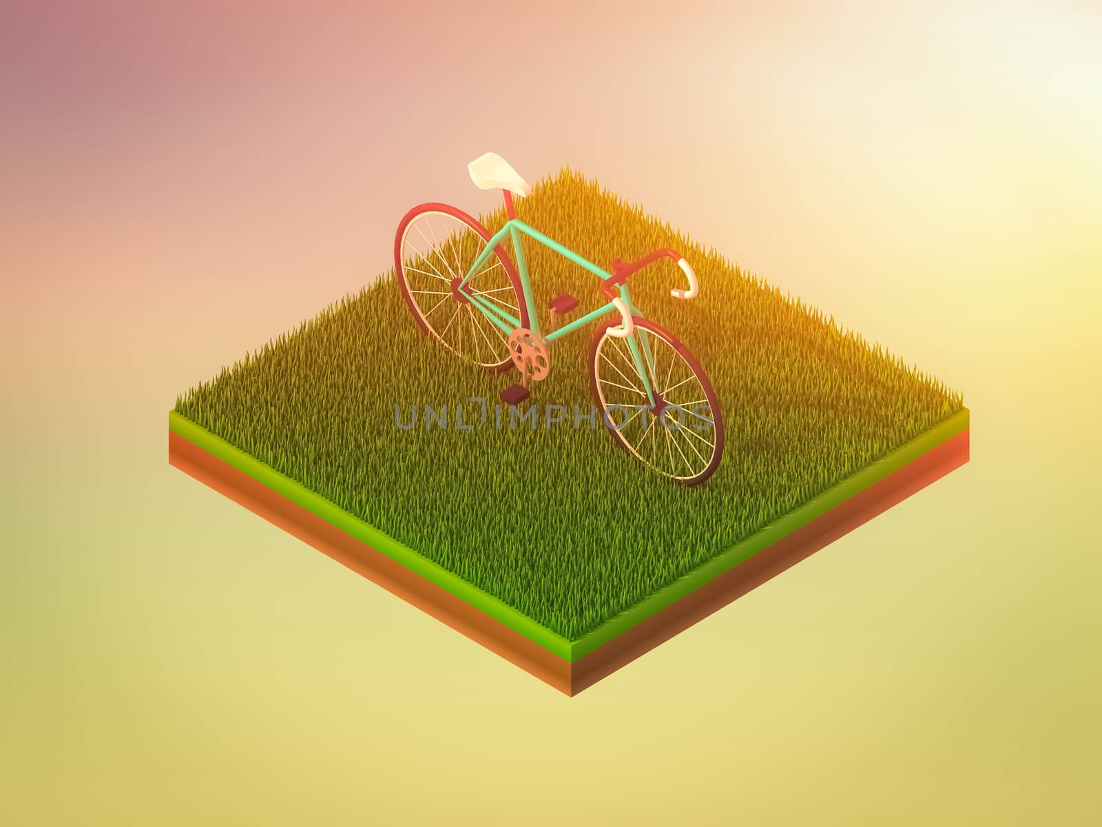 isometric green bicycle on green grass, abstract background, isometric background