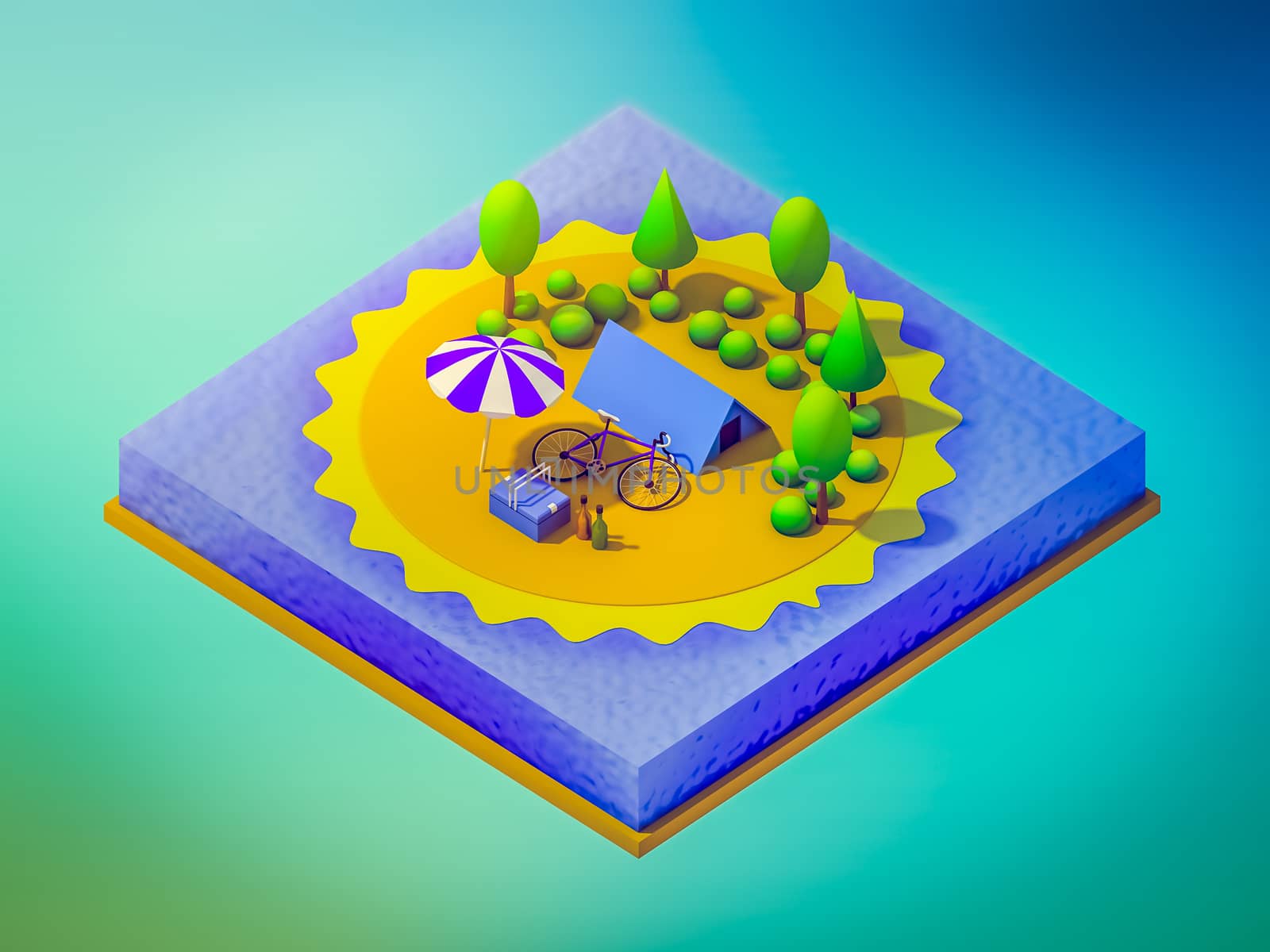 Isometric camping on the beach, abstract background, Isometric background