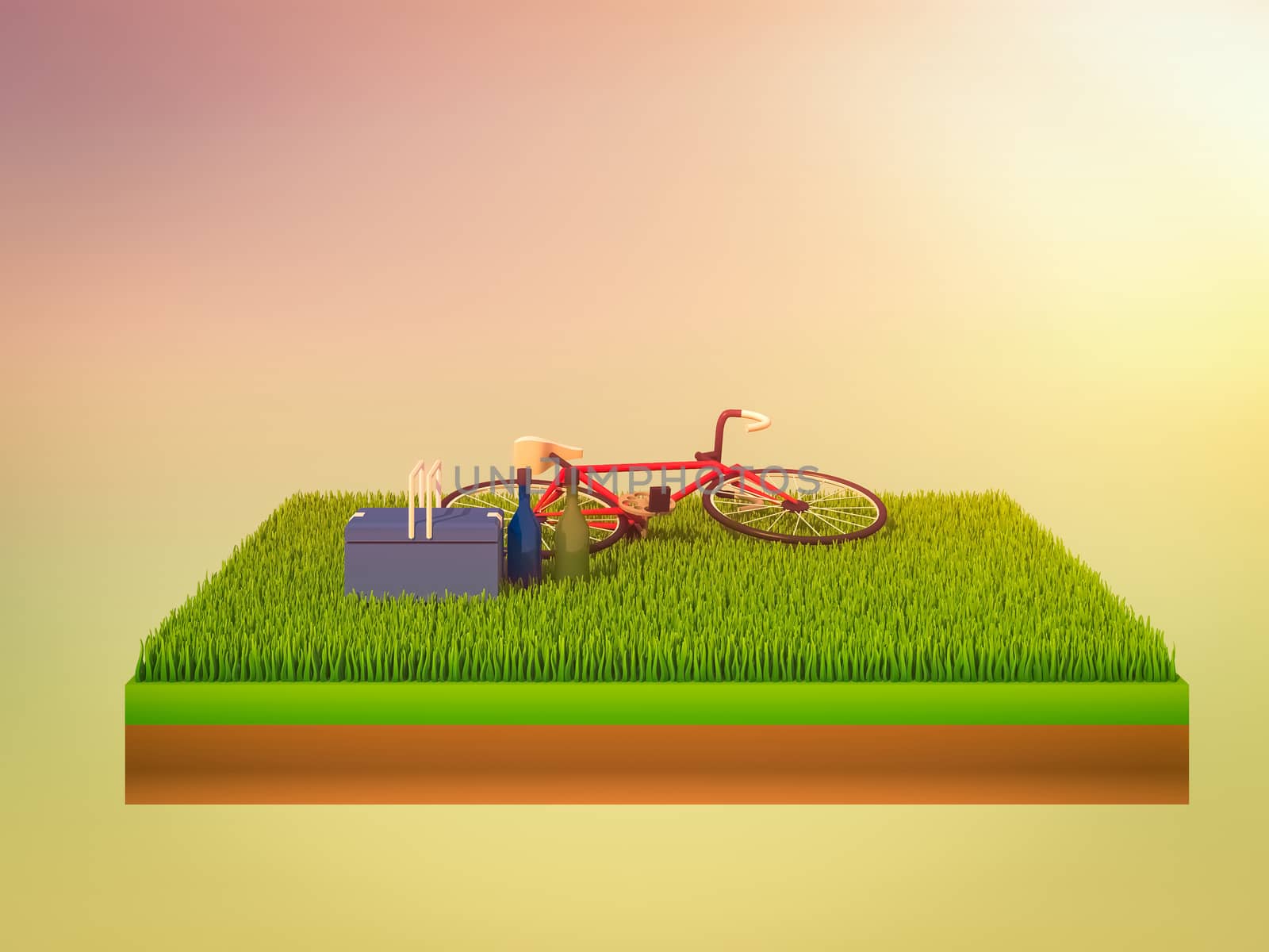 isometric green bicycle on green grass, abstract background, isometric background