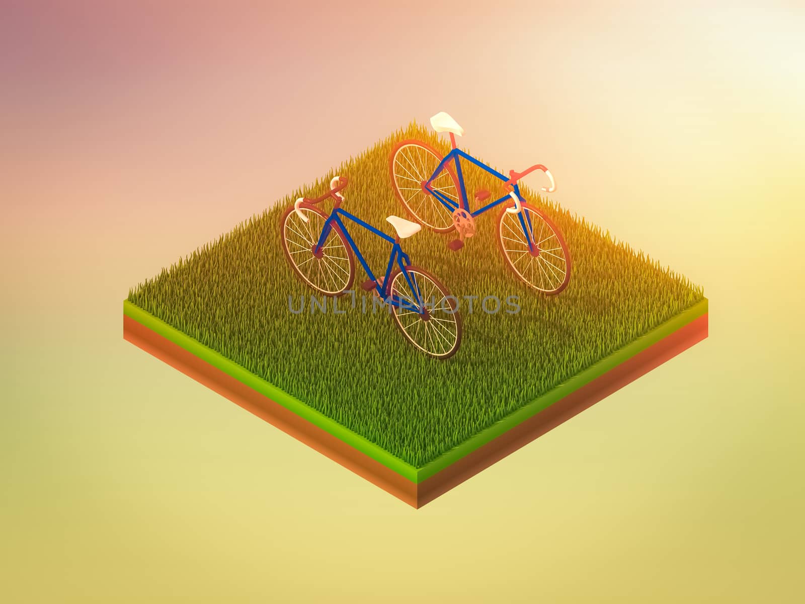 isometric green bicycle on green grass, abstract background, isometric background