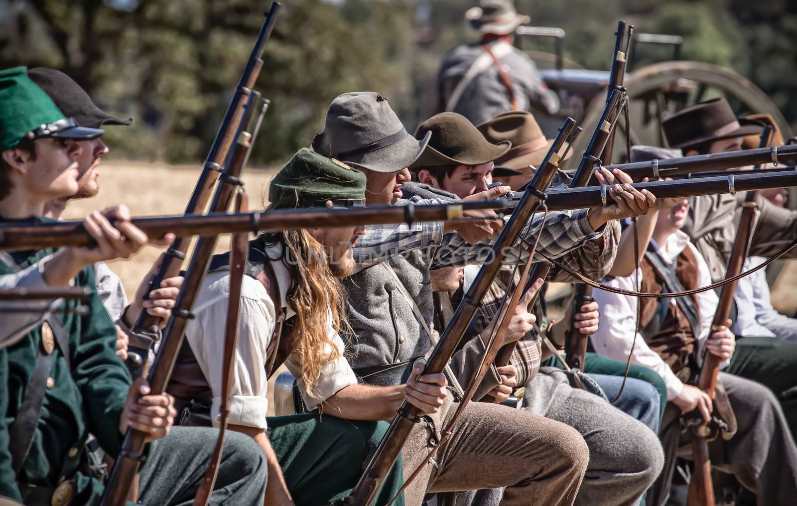 Confederate troops prepare to fire  on the Union Army during a Civil War reenactment in Anderson, California.
Photo taken on: September 27th, 2014