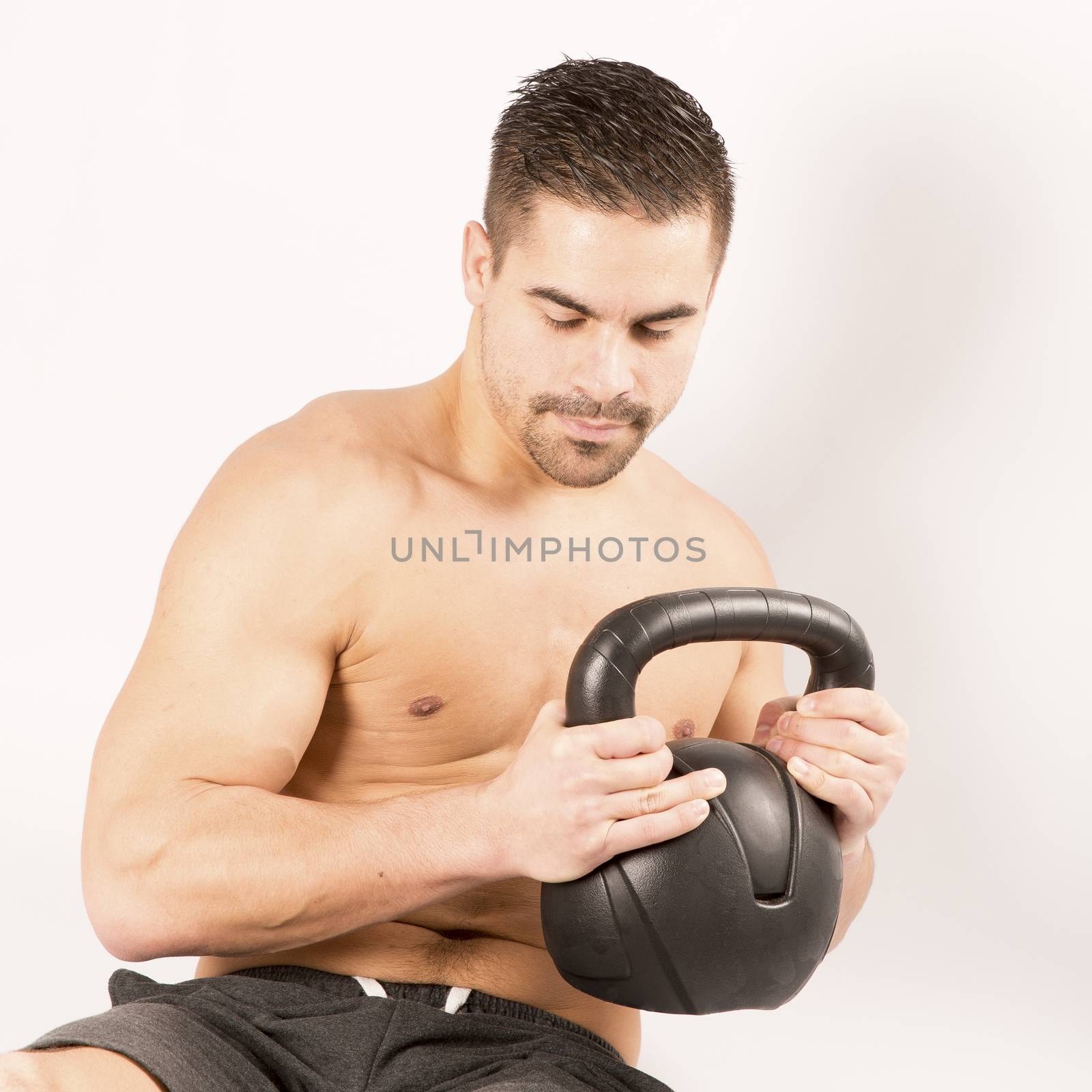 Strong model man doing push up exercises