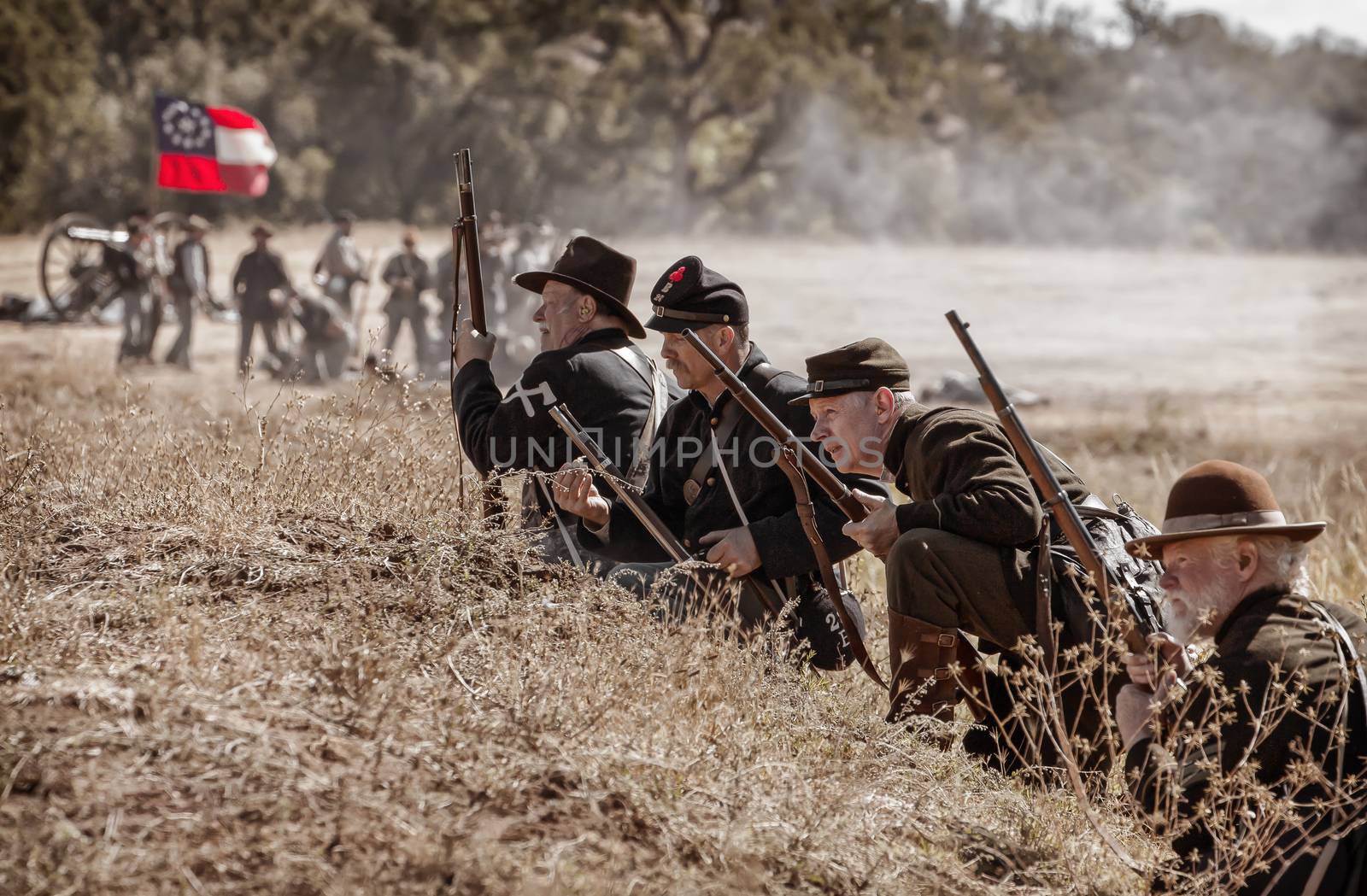 Union sharpshooters look for targets during a Civil War reenactment in Anderson, California.
Photo taken on: September 27th, 2014