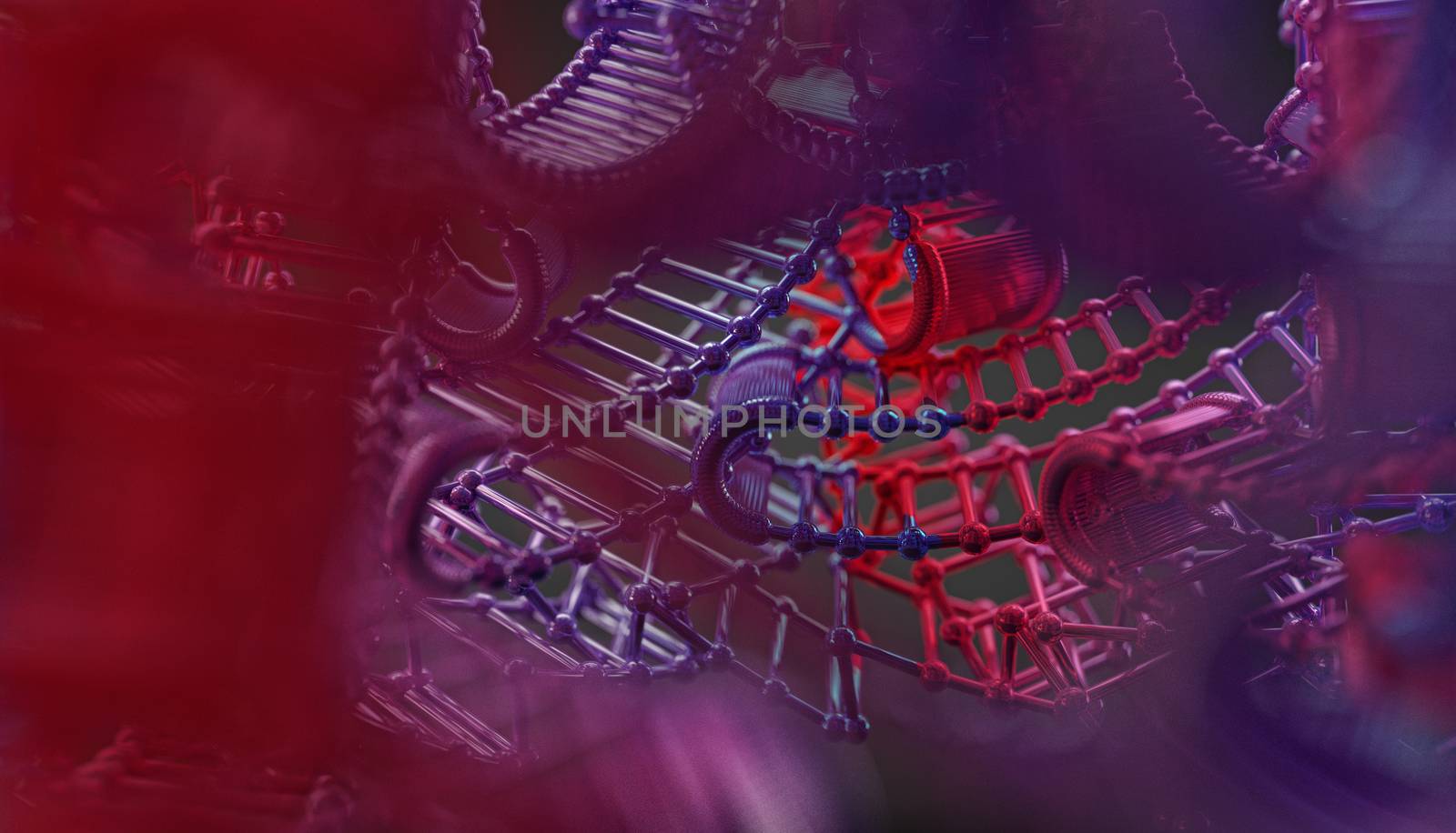 blurred image concept of biochemistry with dna molecule. Abstract background with molecules spheres reflective surface. DNA, Molecule, Chemistry