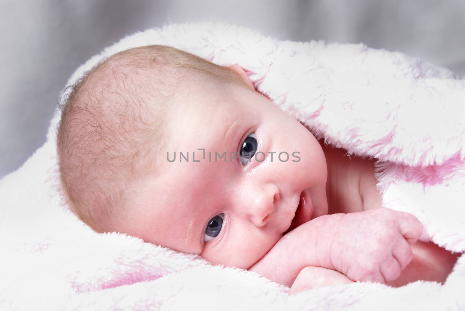 A newborn baby girl rests in her pink blanky while fully alert and awake.