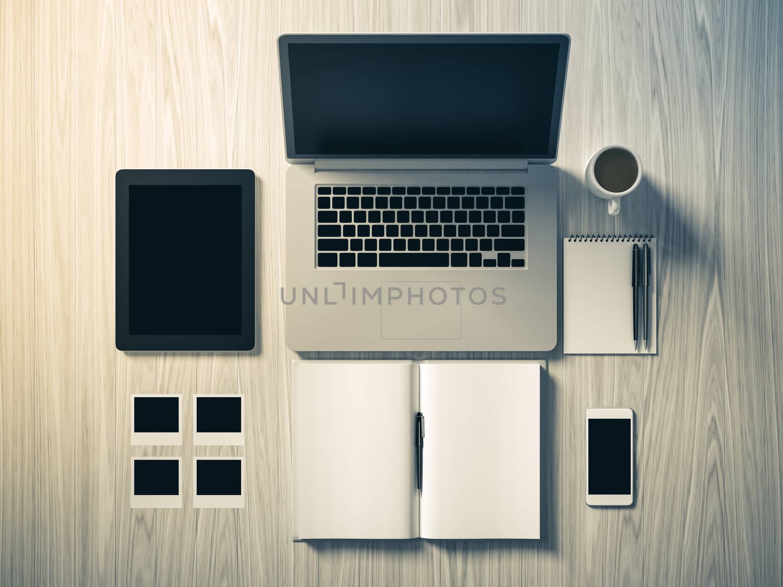 High angle view of a setting table of business workplace, shot in office, home work space