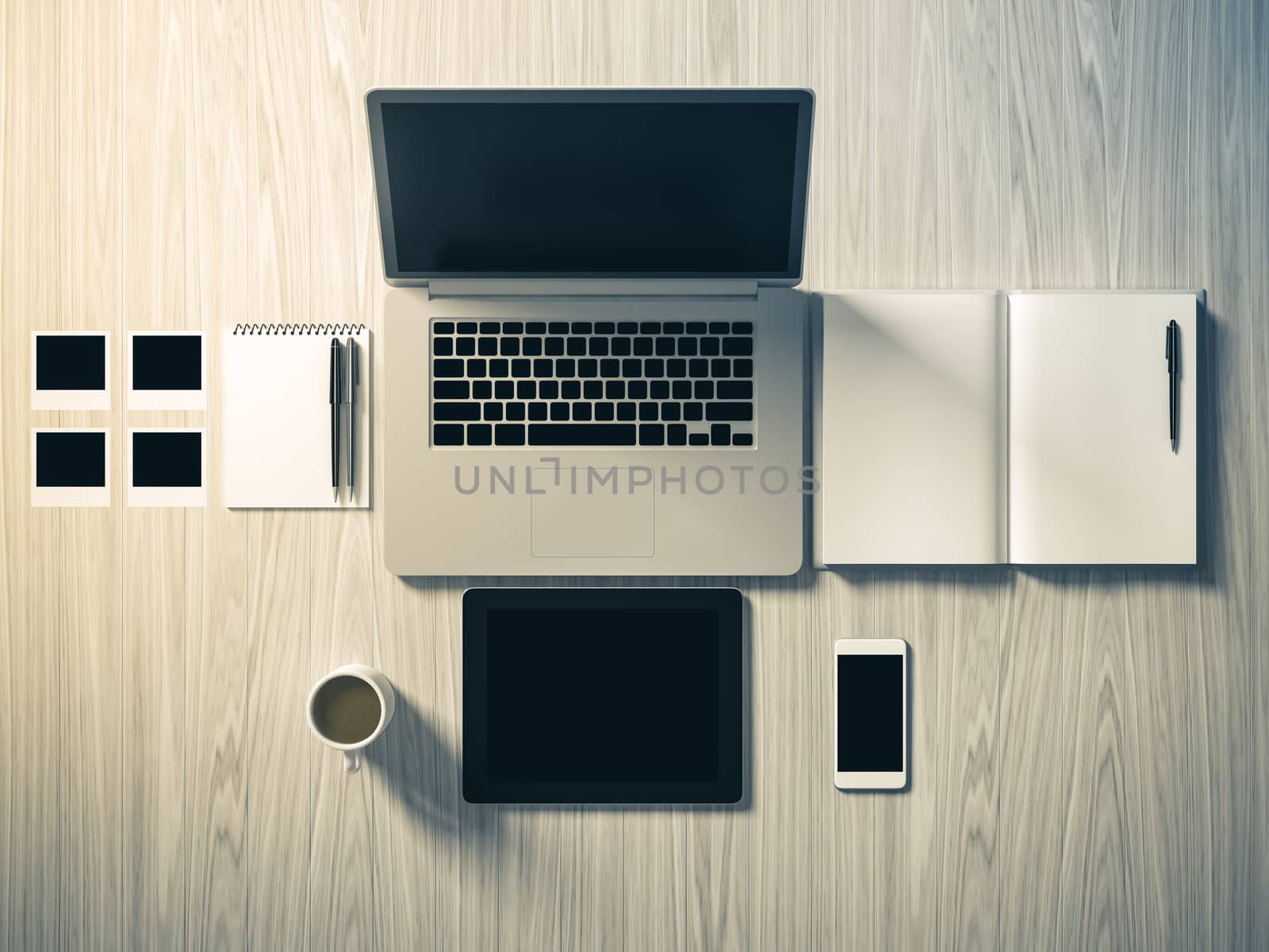 High angle view of a setting table of business workplace, shot in office, home work space