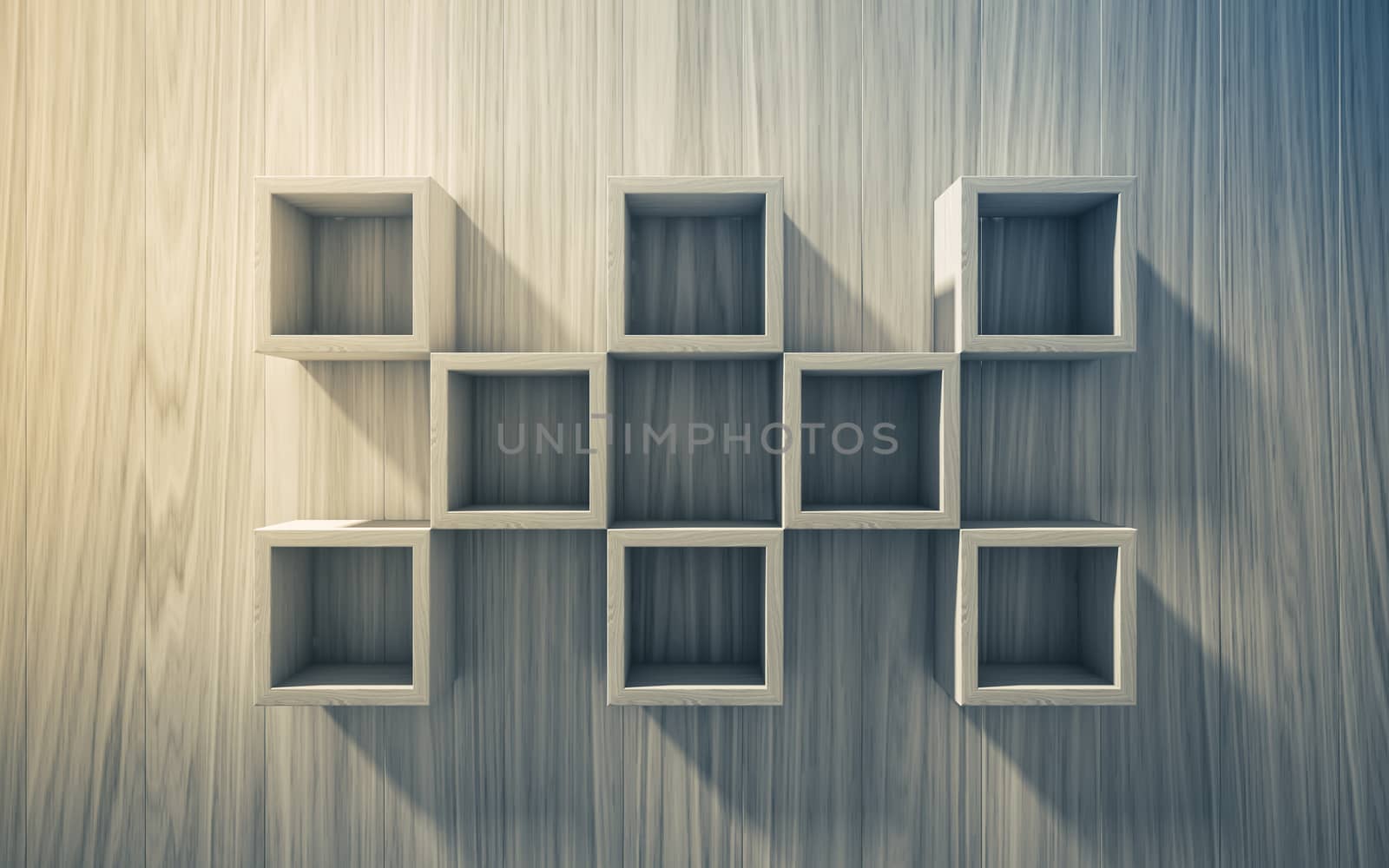 3d isolated Empty shelf for exhibit on wood background by teerawit