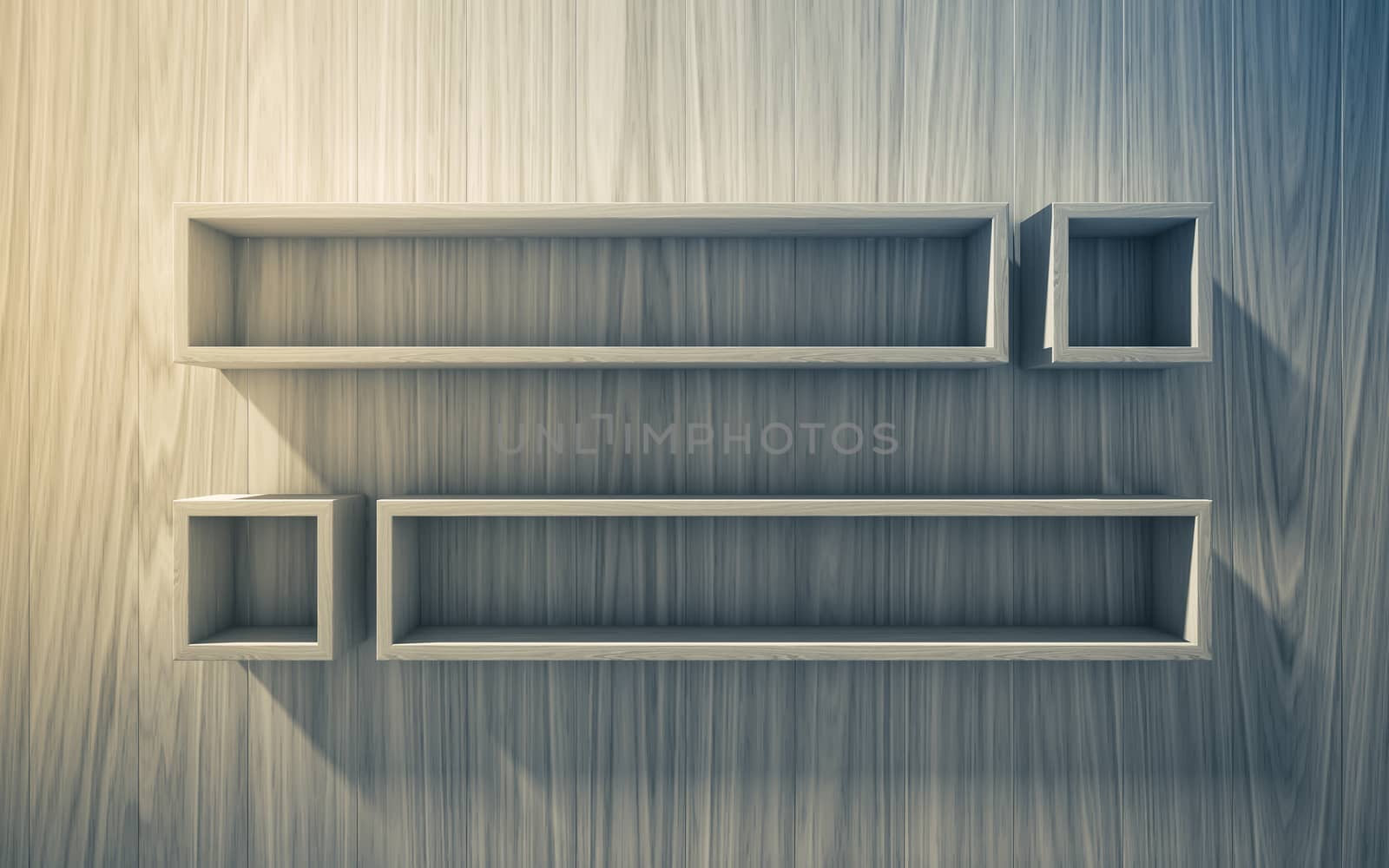 3d isolated Empty shelf for exhibit on wood background, concept