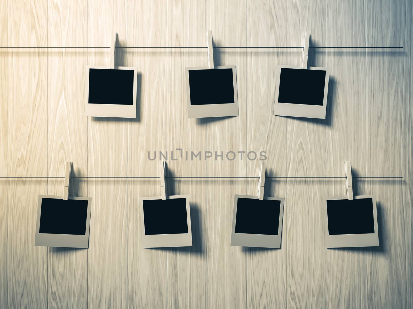 empty photos frames on wood background, concept art