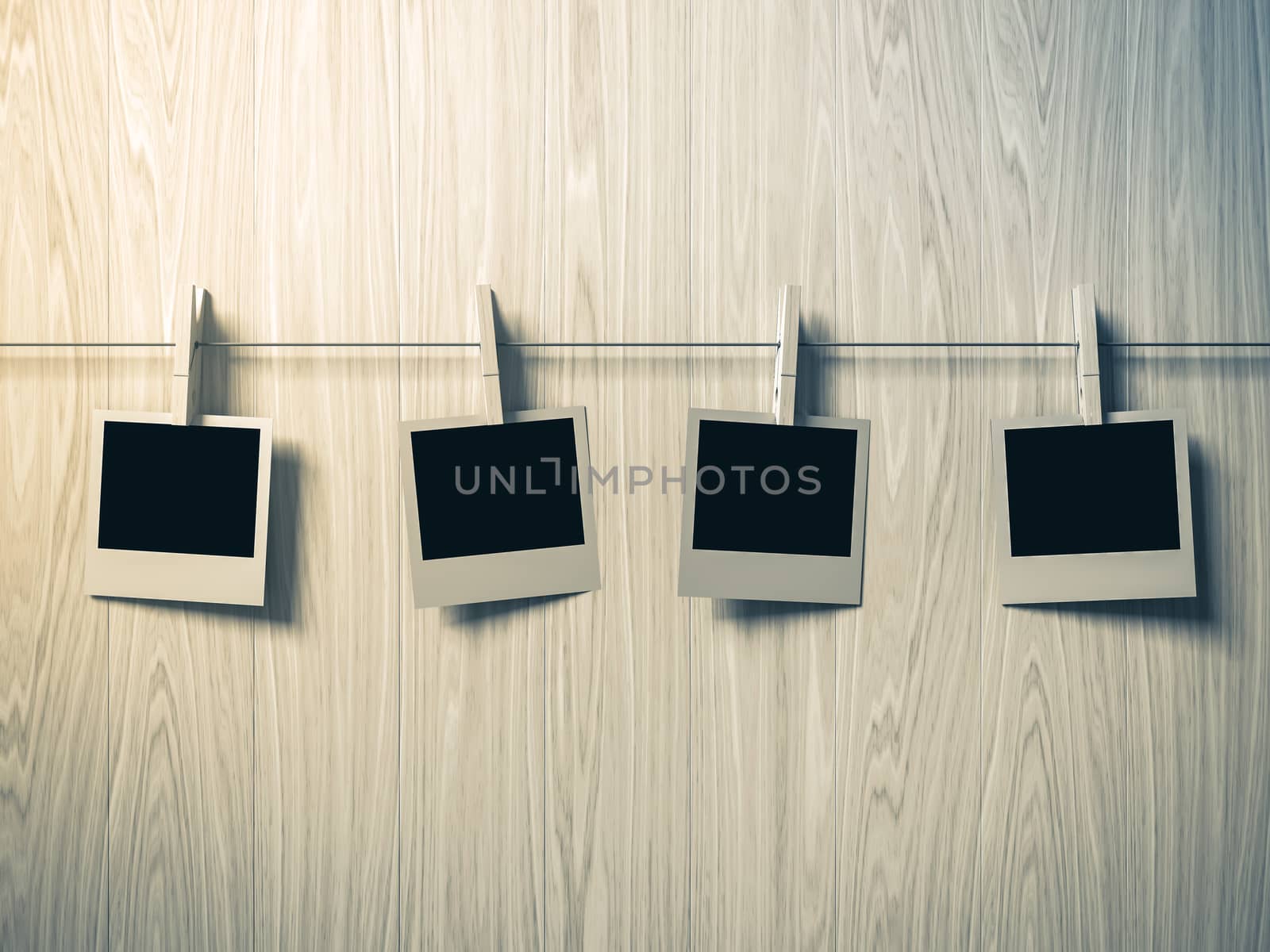 empty photos frames on wood background, concept art