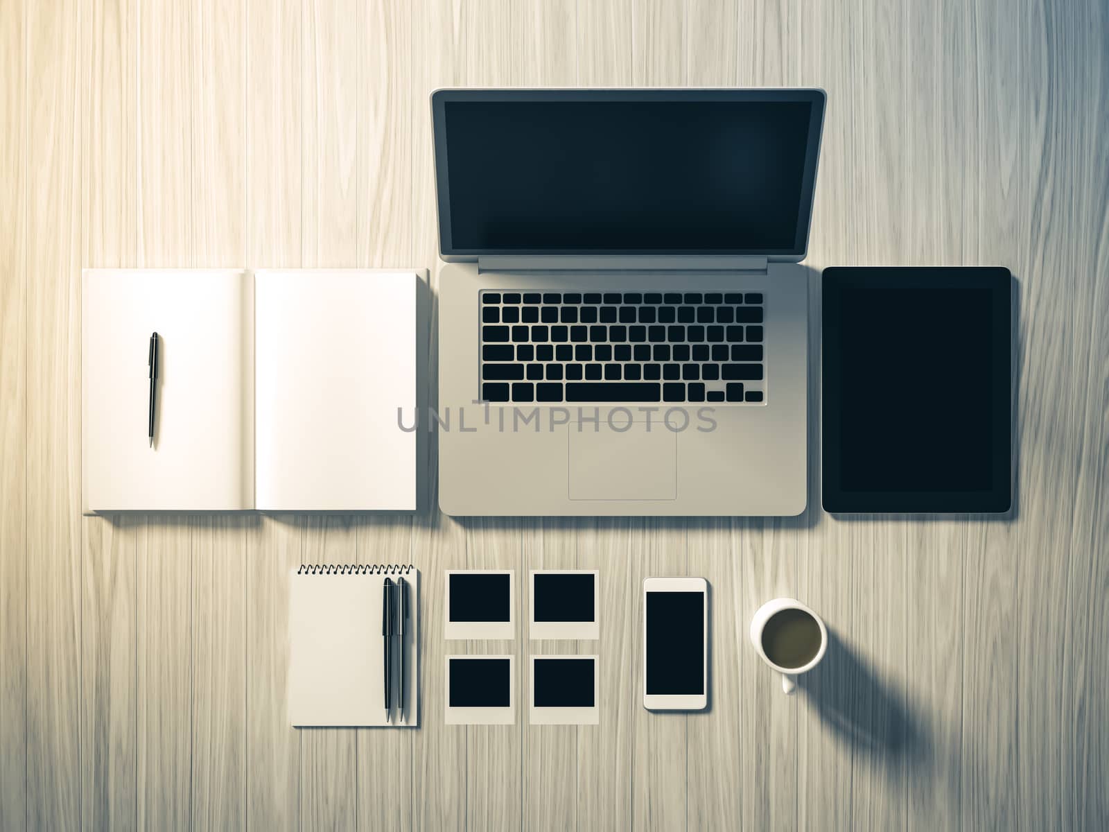 High angle view of a setting table of business workplace, shot in office, home work space