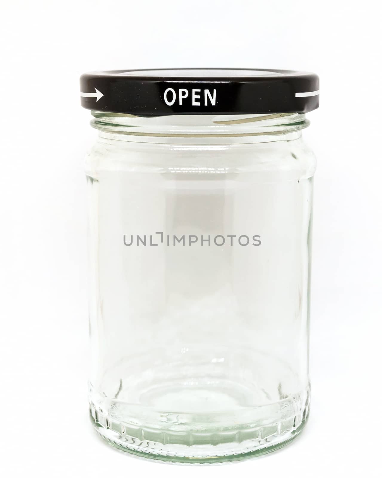 Glass jar with open sign.On white background.