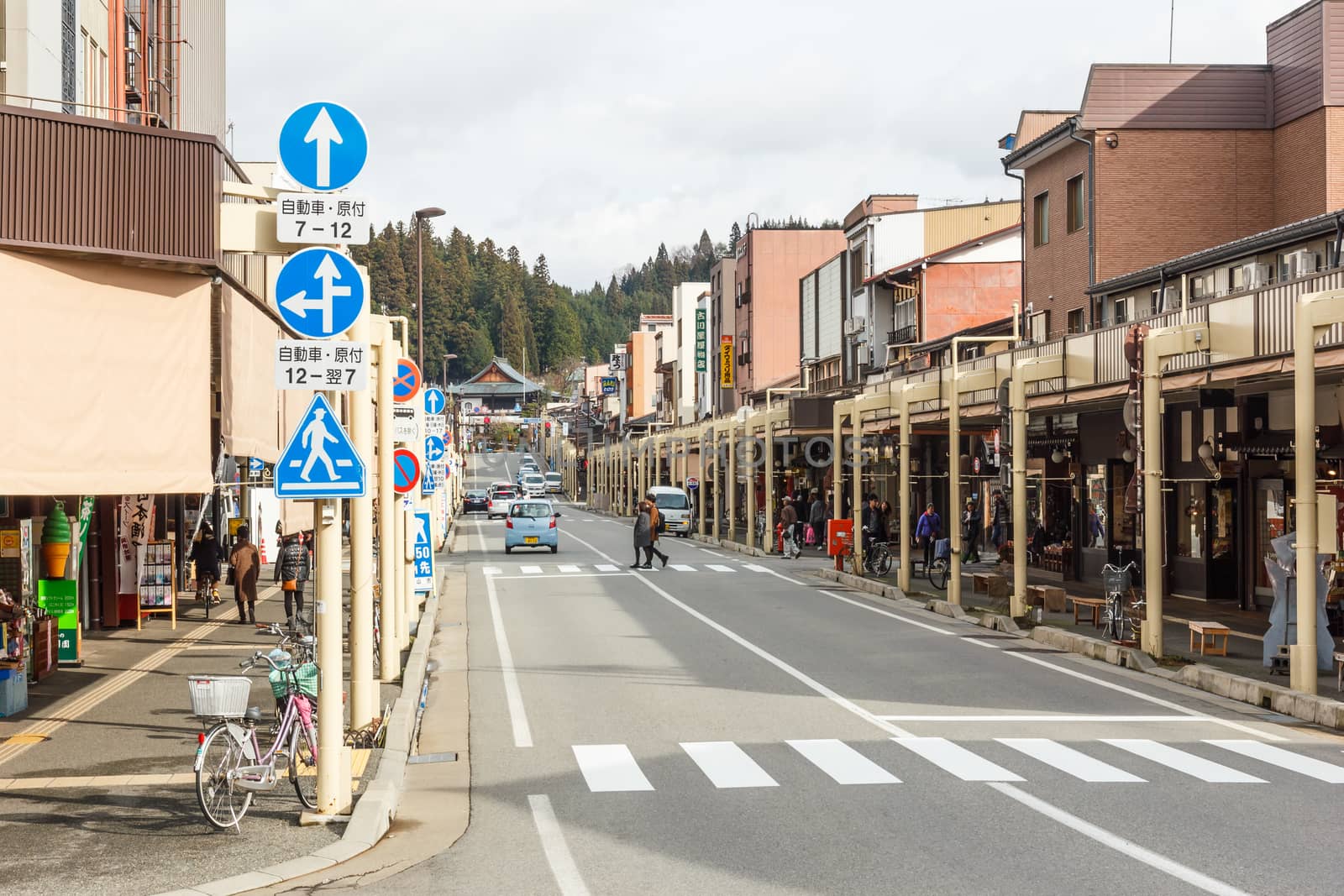 Takayama, Japan - December 24, 2015 : Street in Takayama old town. With traffic sign on December 24, 2015 in Takayama, Japan.