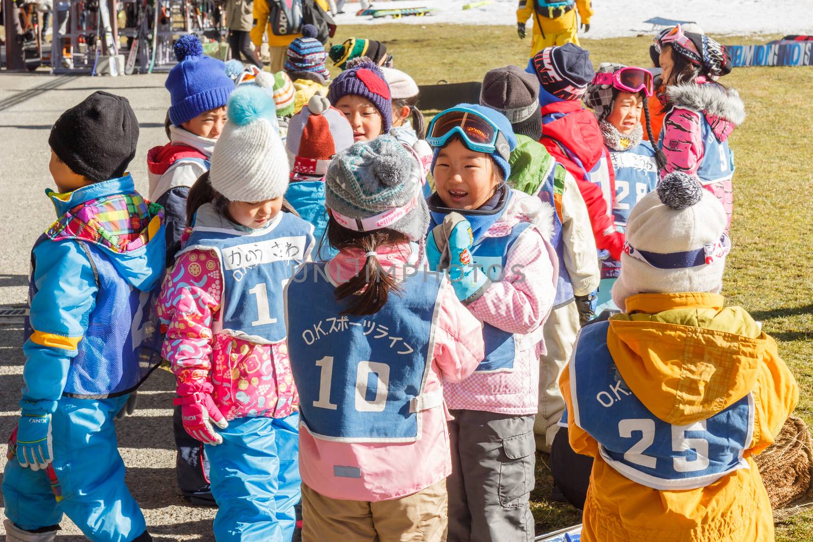 Yamanashi, Japan - December 26: Japanese Children prepare before skiing at Fujiten ski resort on December 26, 2015 in Yamanashi, Japan.