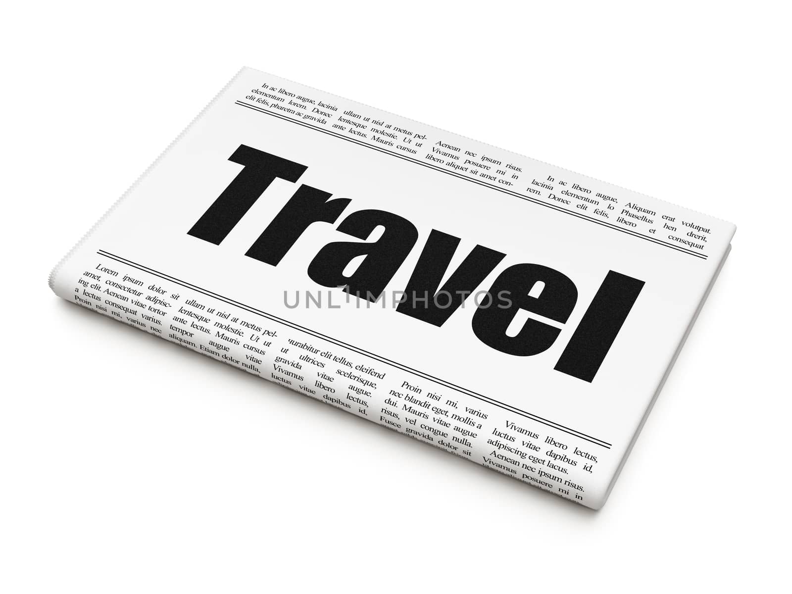 Entertainment, concept: newspaper headline Travel on White background, 3d render