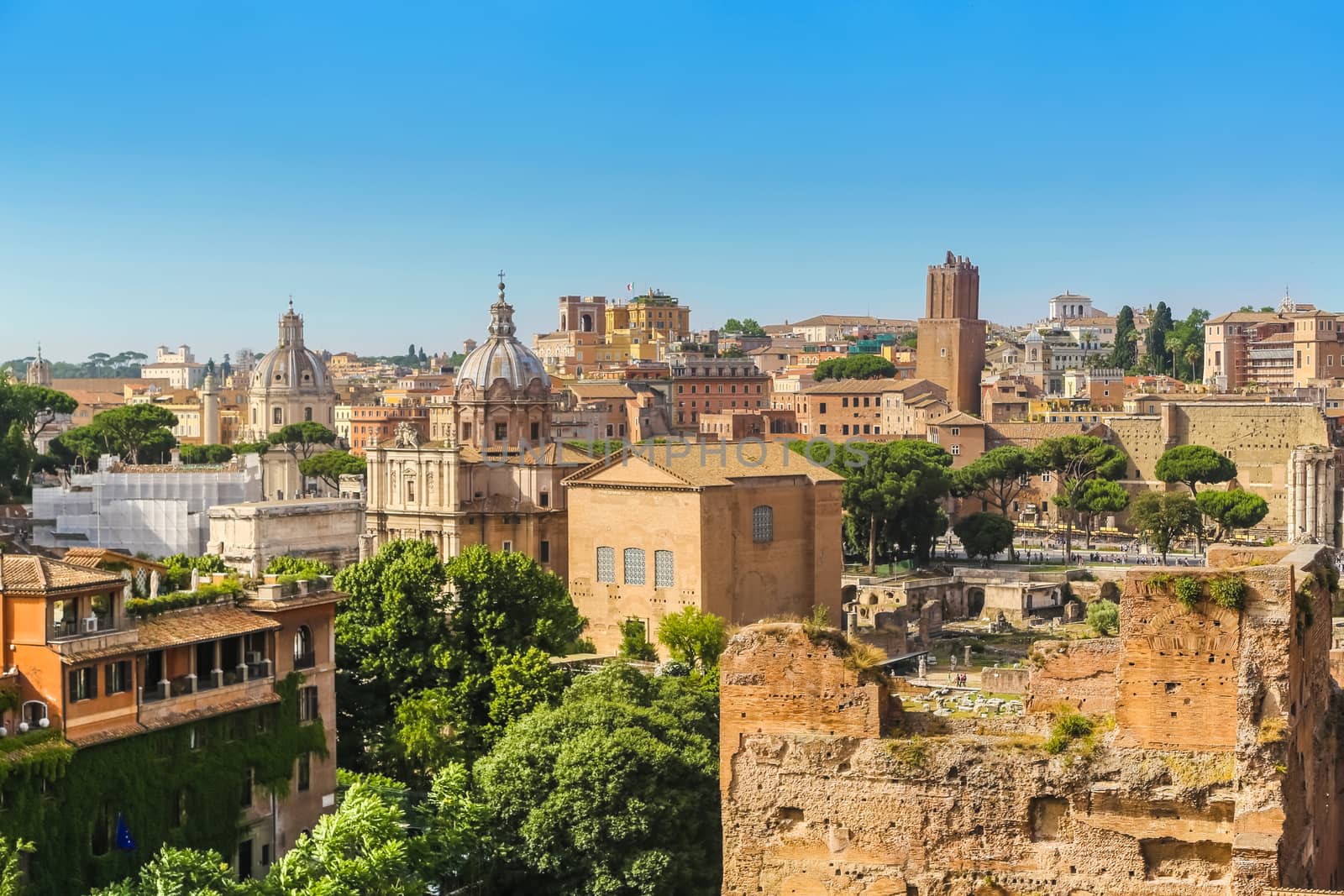Panoramic view of the Roman Forum. View from the hill Palatine