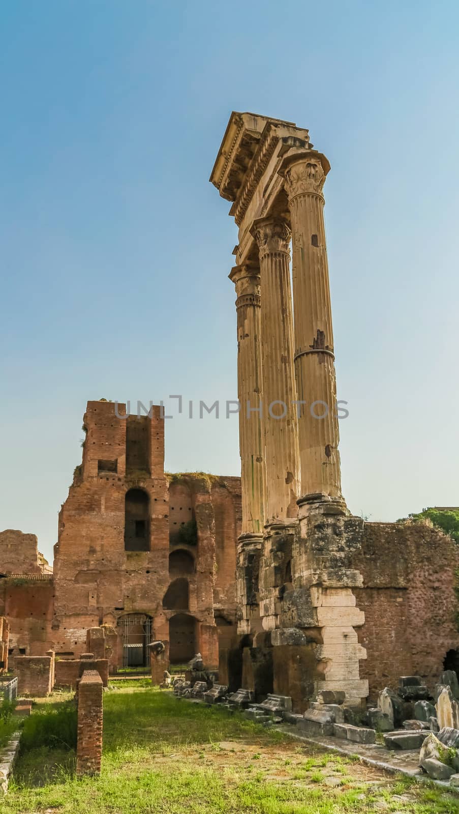 Ancient ruins in Roman Forum, Rome, Italy. Colonnade and historical monuments