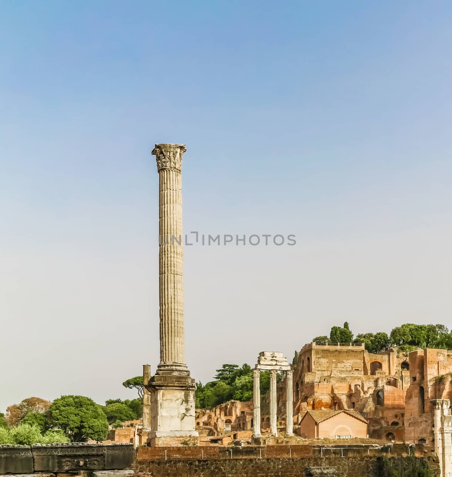 Ancient ruins in Roman Forum, Rome, Italy. Colonnade and historical monuments