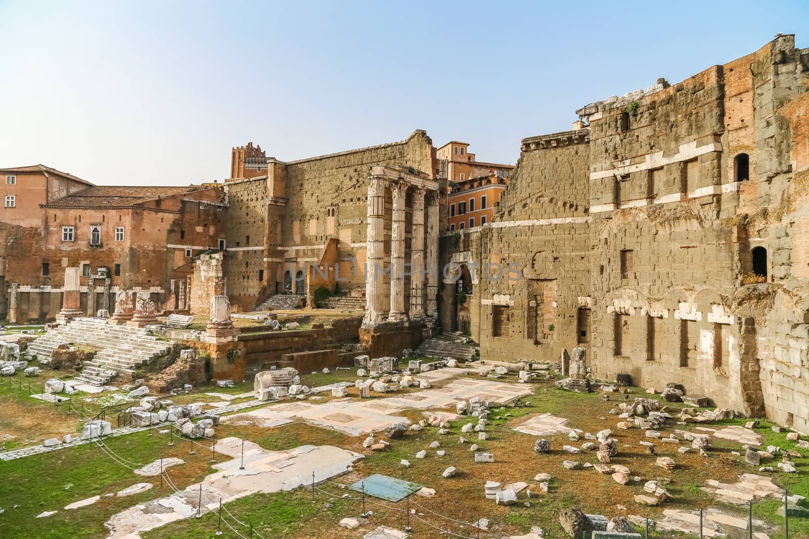 Ancient ruins in Roman Forum, Rome, Italy. Colonnade and historical monuments