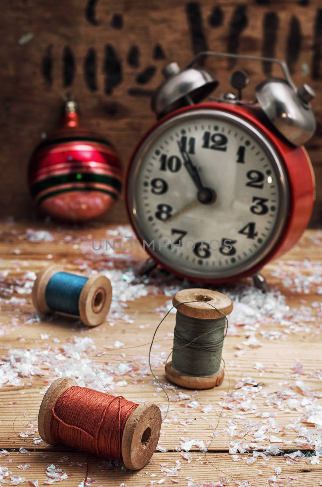 Christmas decoration clock and toys in vintage style