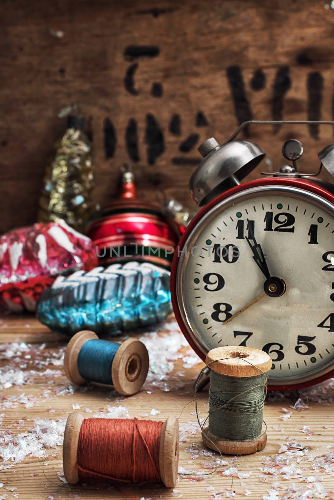 Christmas decoration clock and toys in vintage style