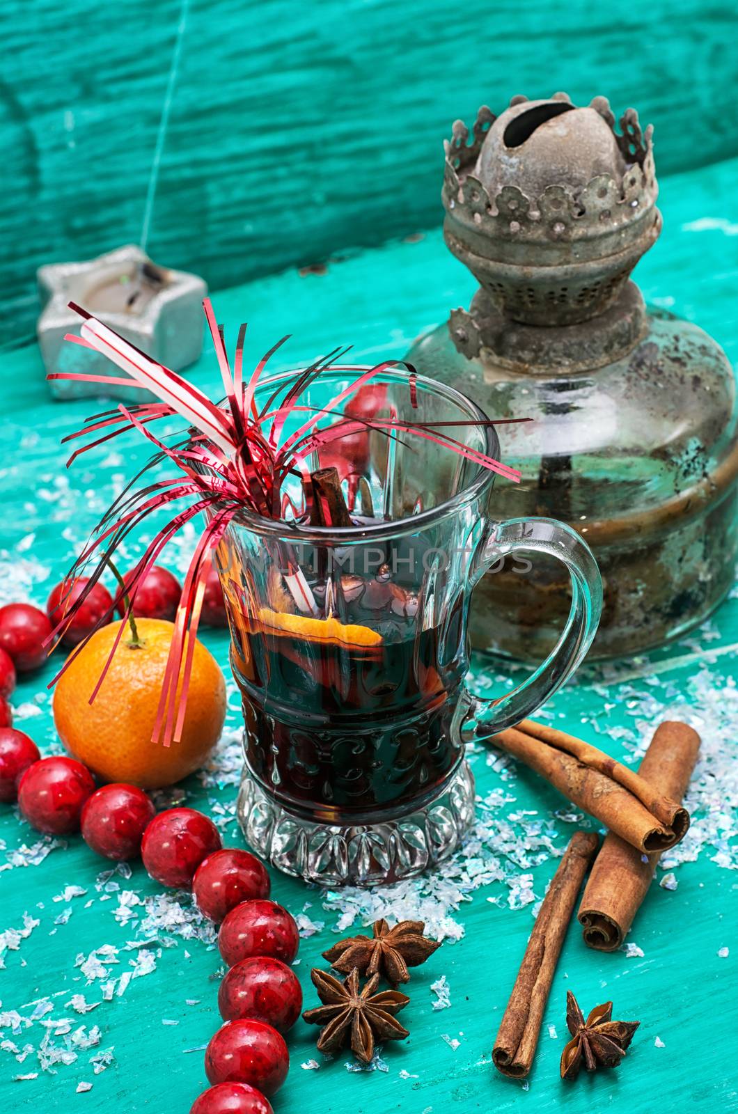 Christmas composition with mulled wine and tangerines