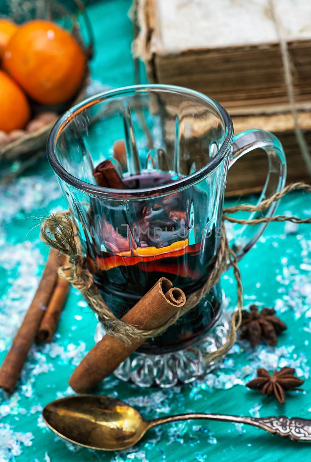 Christmas composition with mulled wine and tangerines