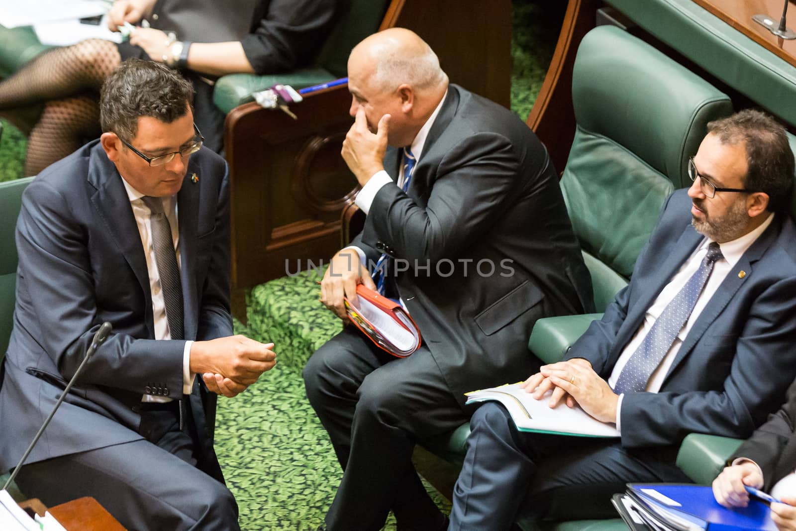 MELBOURNE/AUSTRALIA - FEBRUARY 9: State Premier, Daniel Andrews discusses tactics with his senior ministers in question time, as parliament resumes in 2016.