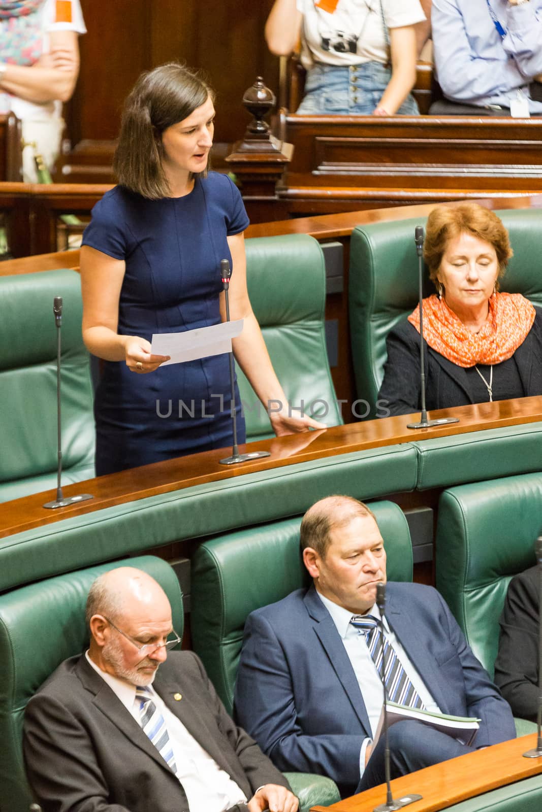 MELBOURNE/AUSTRALIA - FEBRUARY 9: Victorian Greens MP, Ellen Sandell, stands to talk in Question Time 2016.