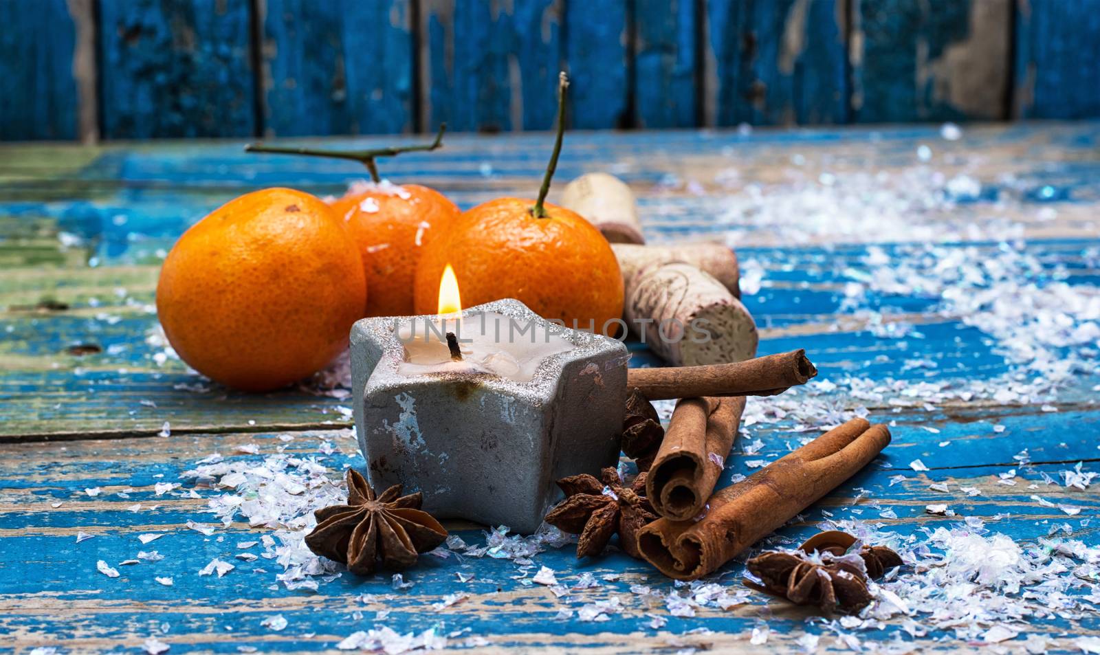 Christmas composition with mulled wine and tangerines