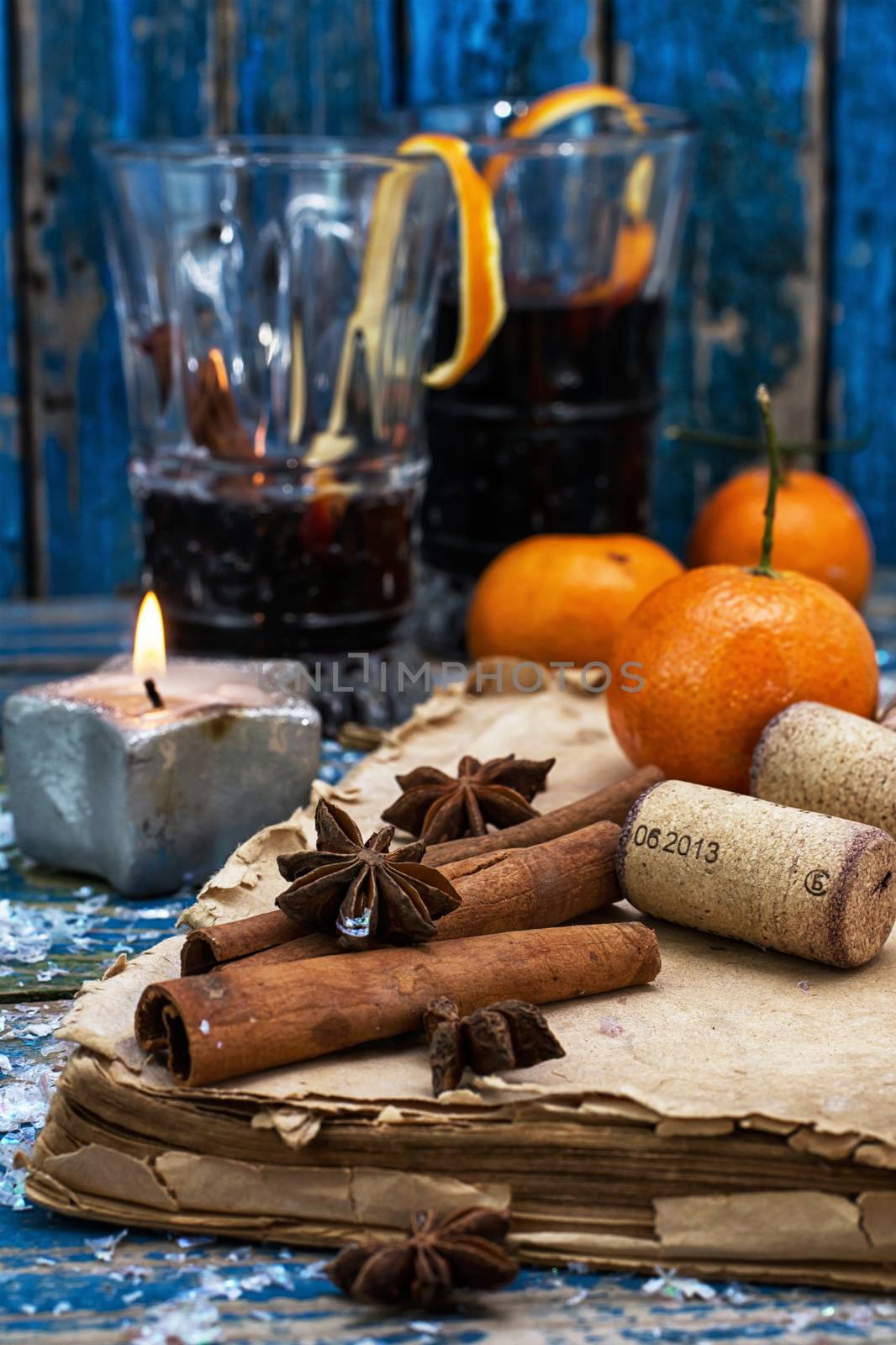 Christmas composition with mulled wine and tangerines