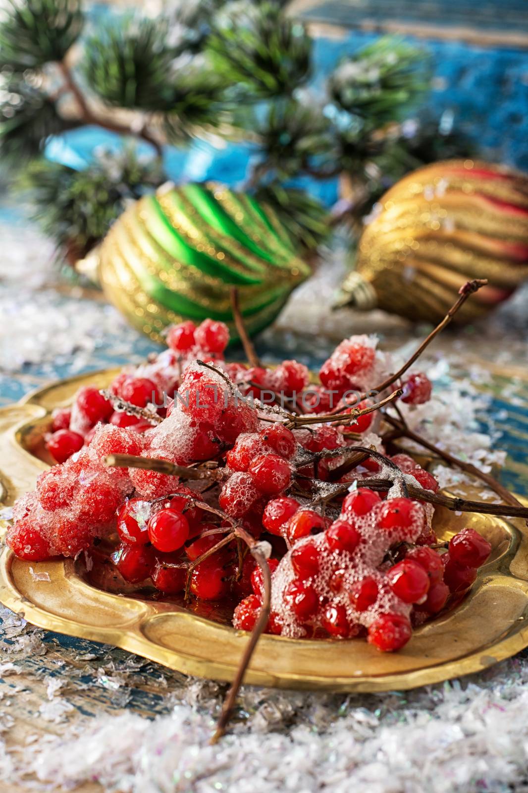 Kalina on gold tray and Christmas decorations