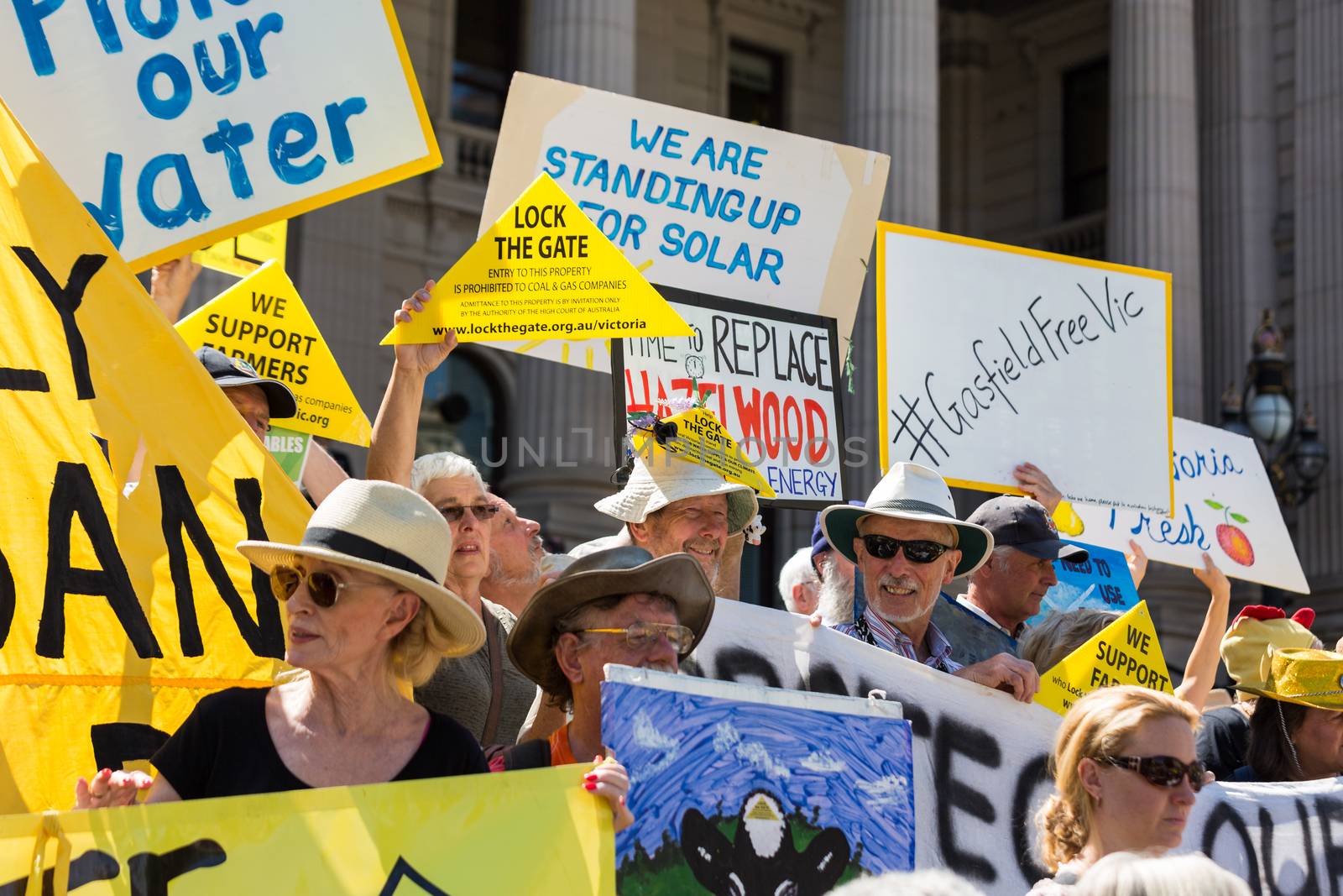 MELBOURNE/AUSTRALIA - FEBRUARY 9: Anti CSG protesters gather outside Parliament house in Melbourne to rally against Coal Seam Gas mining on February 9 - coinciding with the opening of Parliament.
