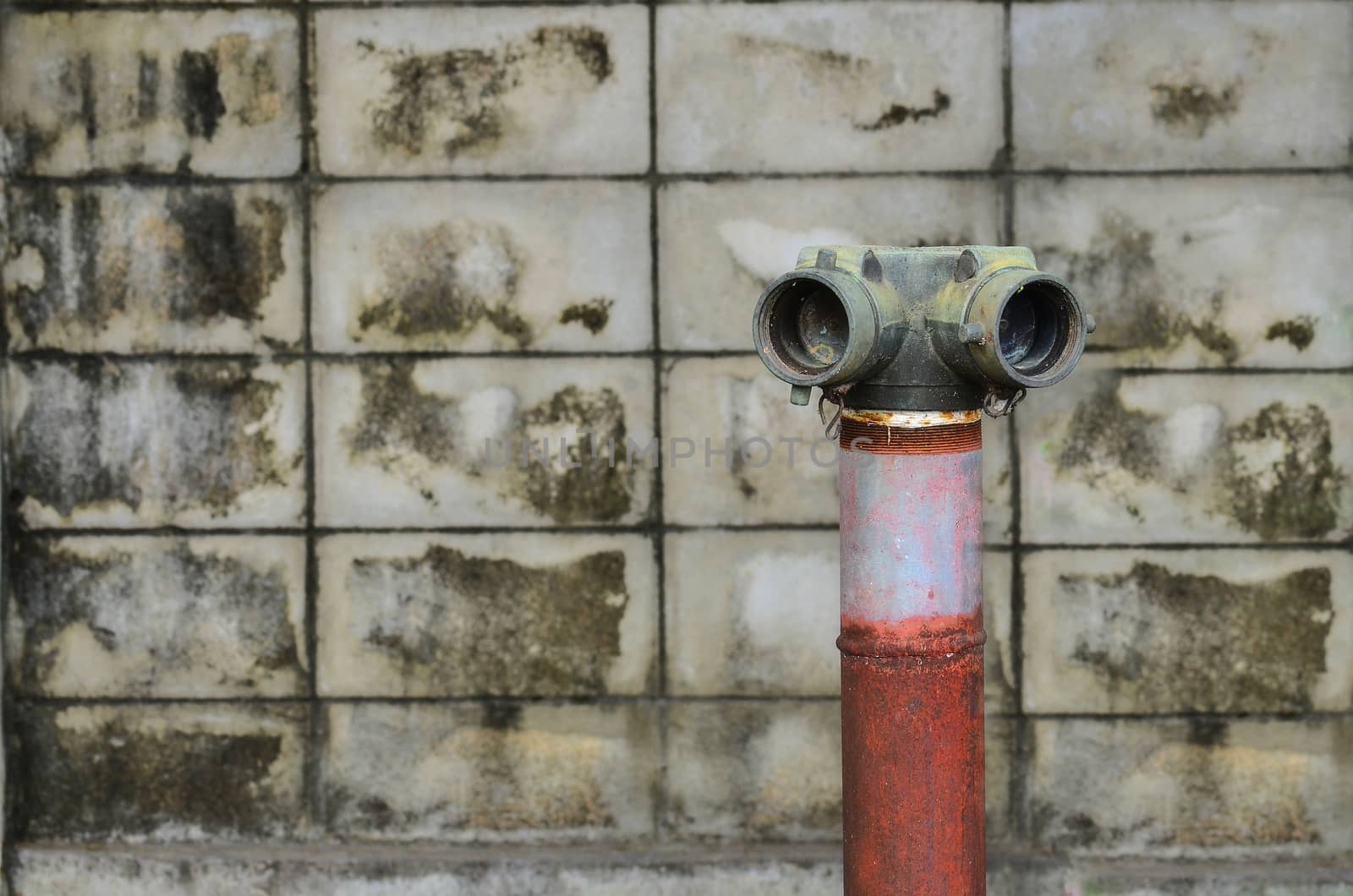 red fire hydrant near a cement wall by raweenuttapong