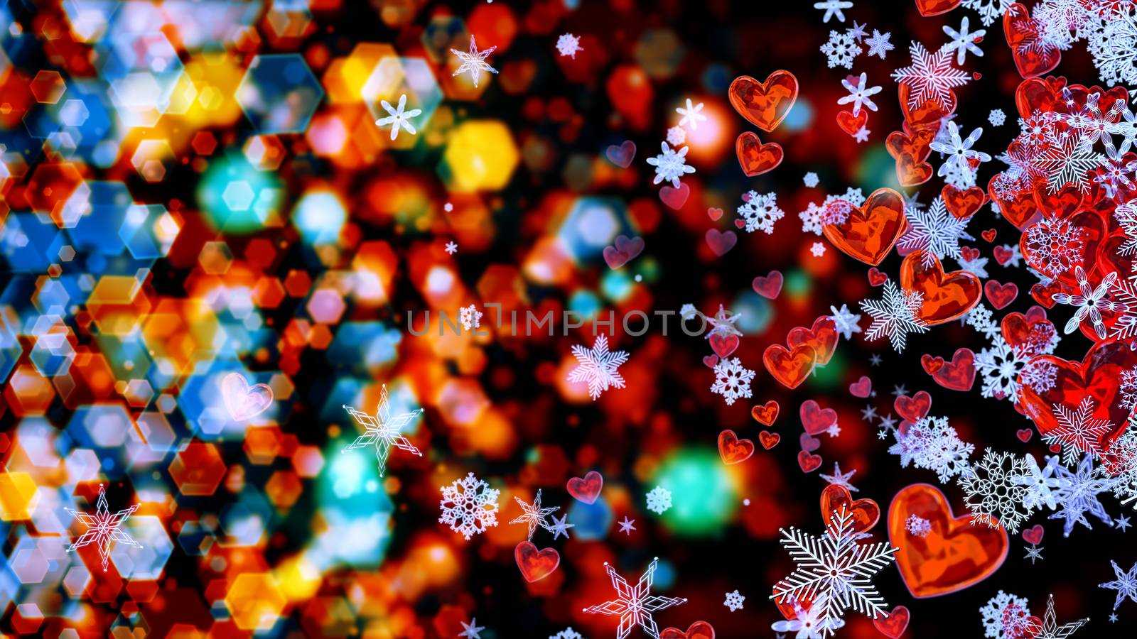 Set of hearts and snowflakes with a colored bokeh backdrop as a symbol of romantic love for the congratulations on Valentine's Day in february and winter weddings. Abstract horizontal background.