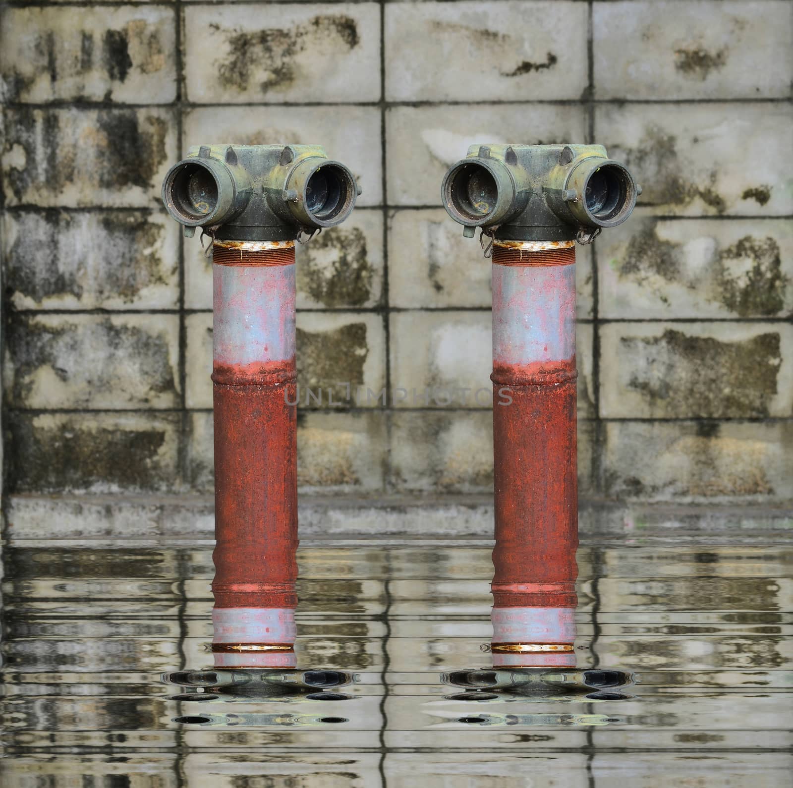 Two red fire hydrant near a cement wall with reflect in water
