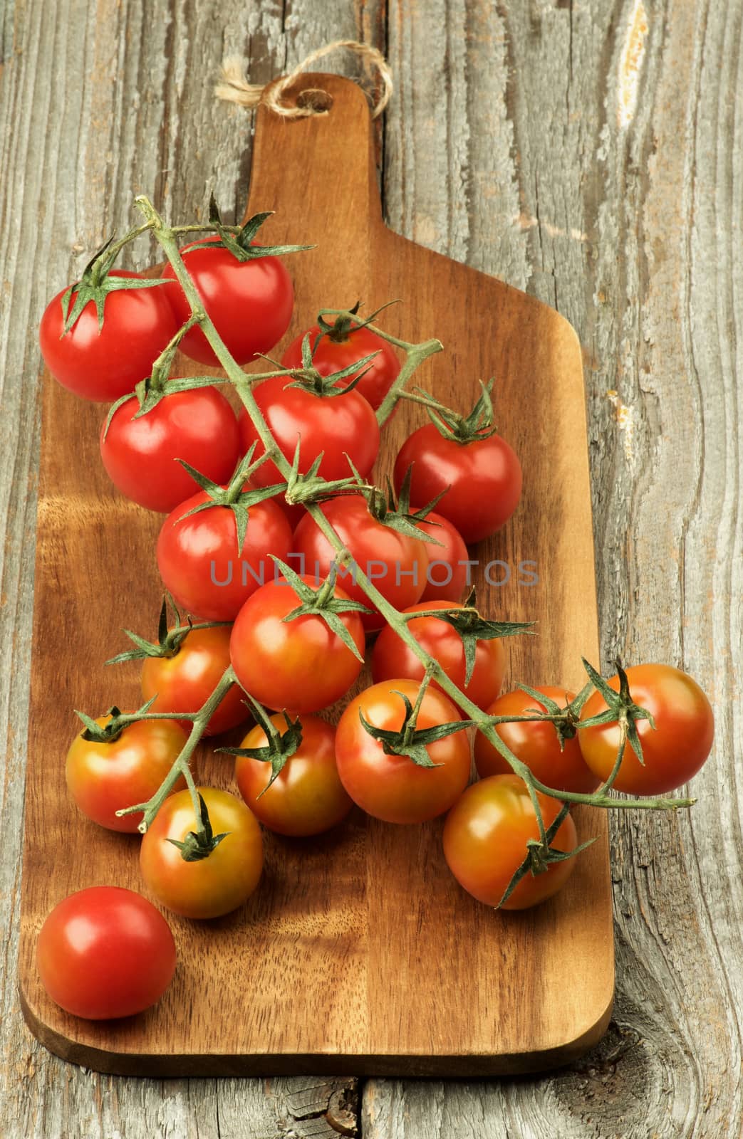Ripe Raw Branches of Cherry Tomatoes on Wooden Cutting Board closeup on Rustic Wooden background