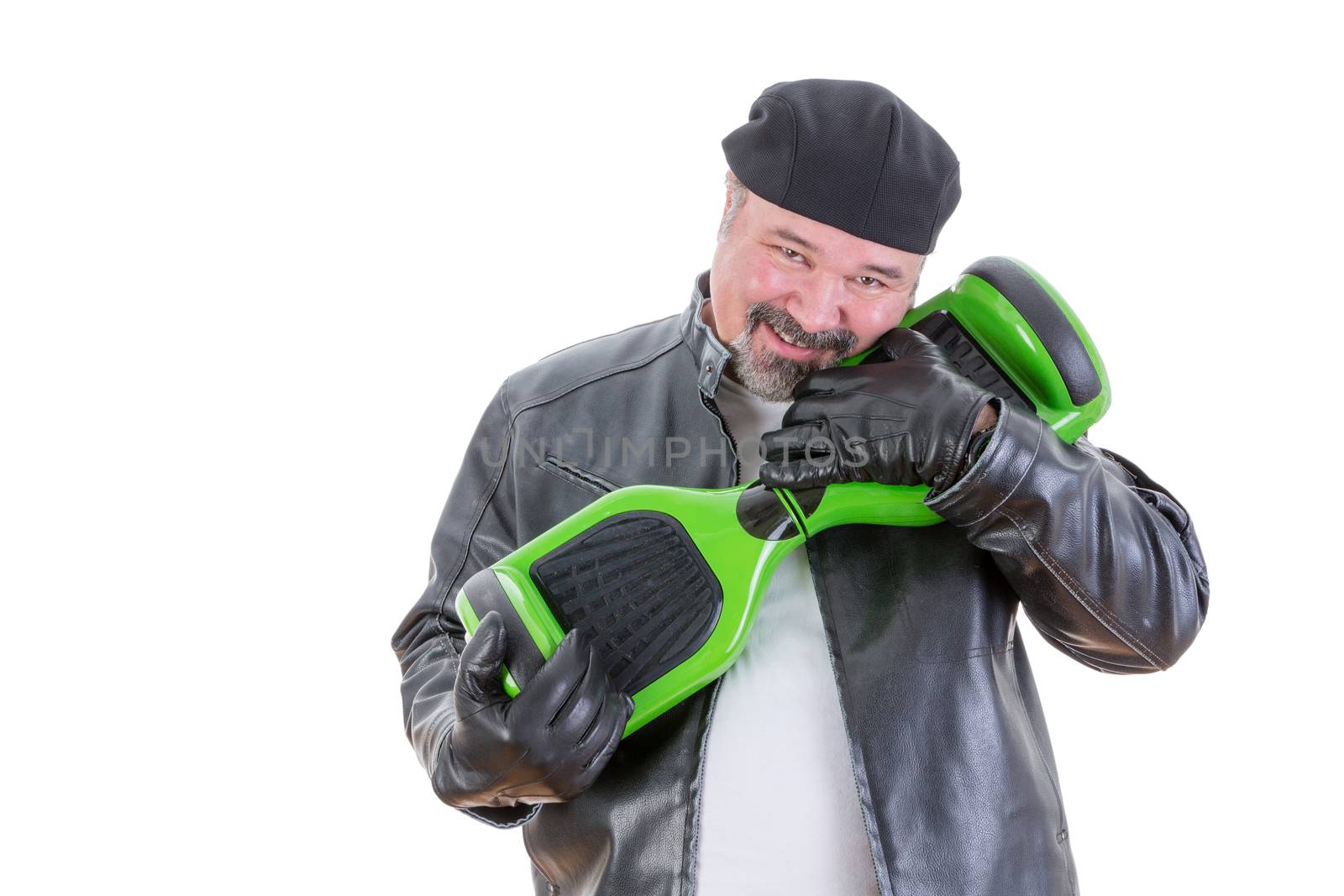 Smiling bearded middle aged overweight single man in leather jacket adoring his green and black hoverboard with hug over white background