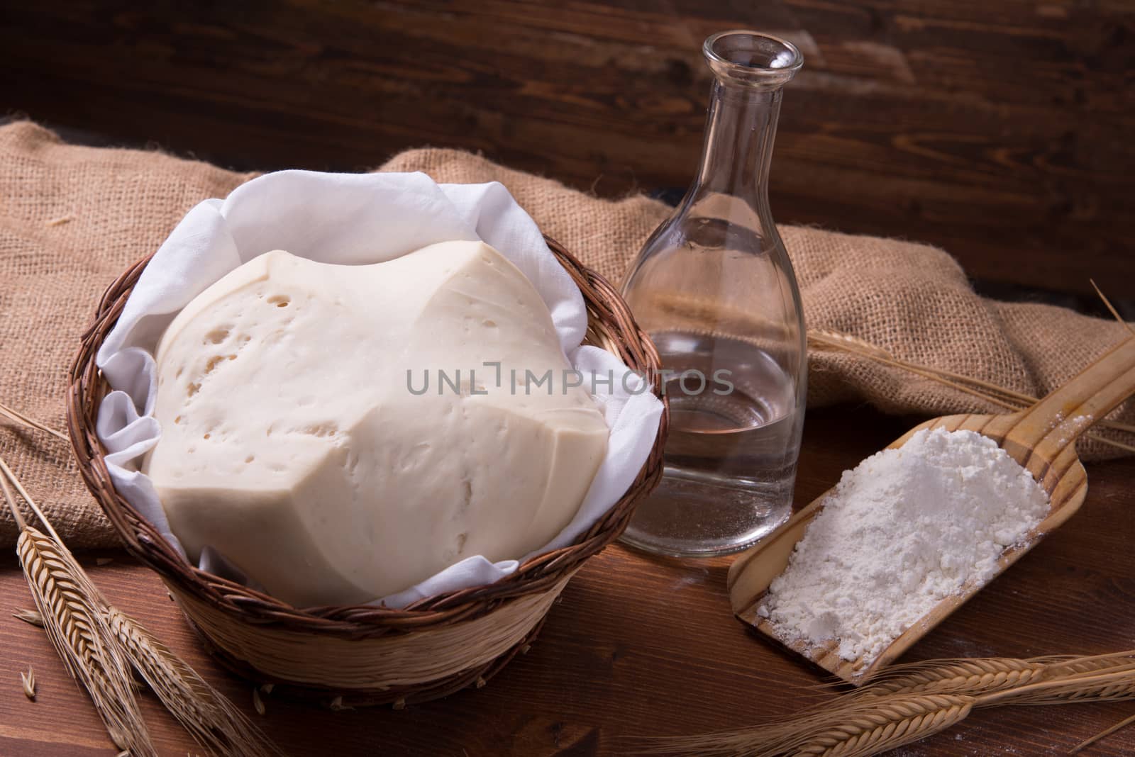 Mother Yeast, Natural Yeast on still life composition with flour and wheat