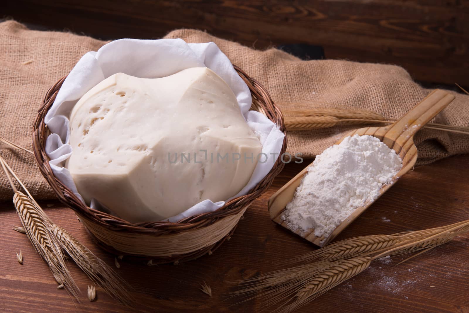 Mother Yeast, Natural Yeast on still life composition with flour and wheat