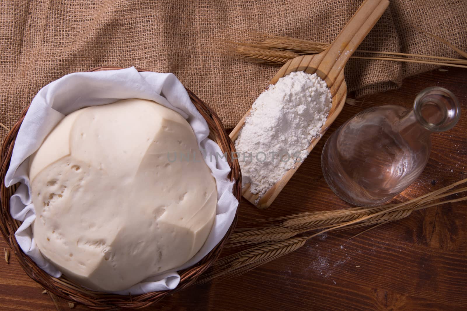 Mother Yeast, Natural Yeast on still life composition with flour and wheat