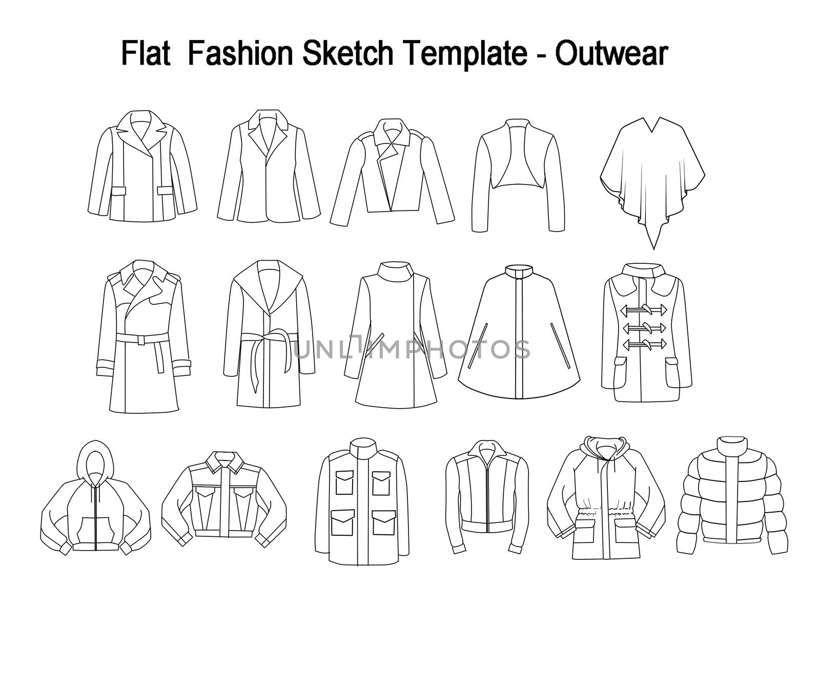 Collection Set of techincal and Industrial Flat fashion template - Library of coats and outwear