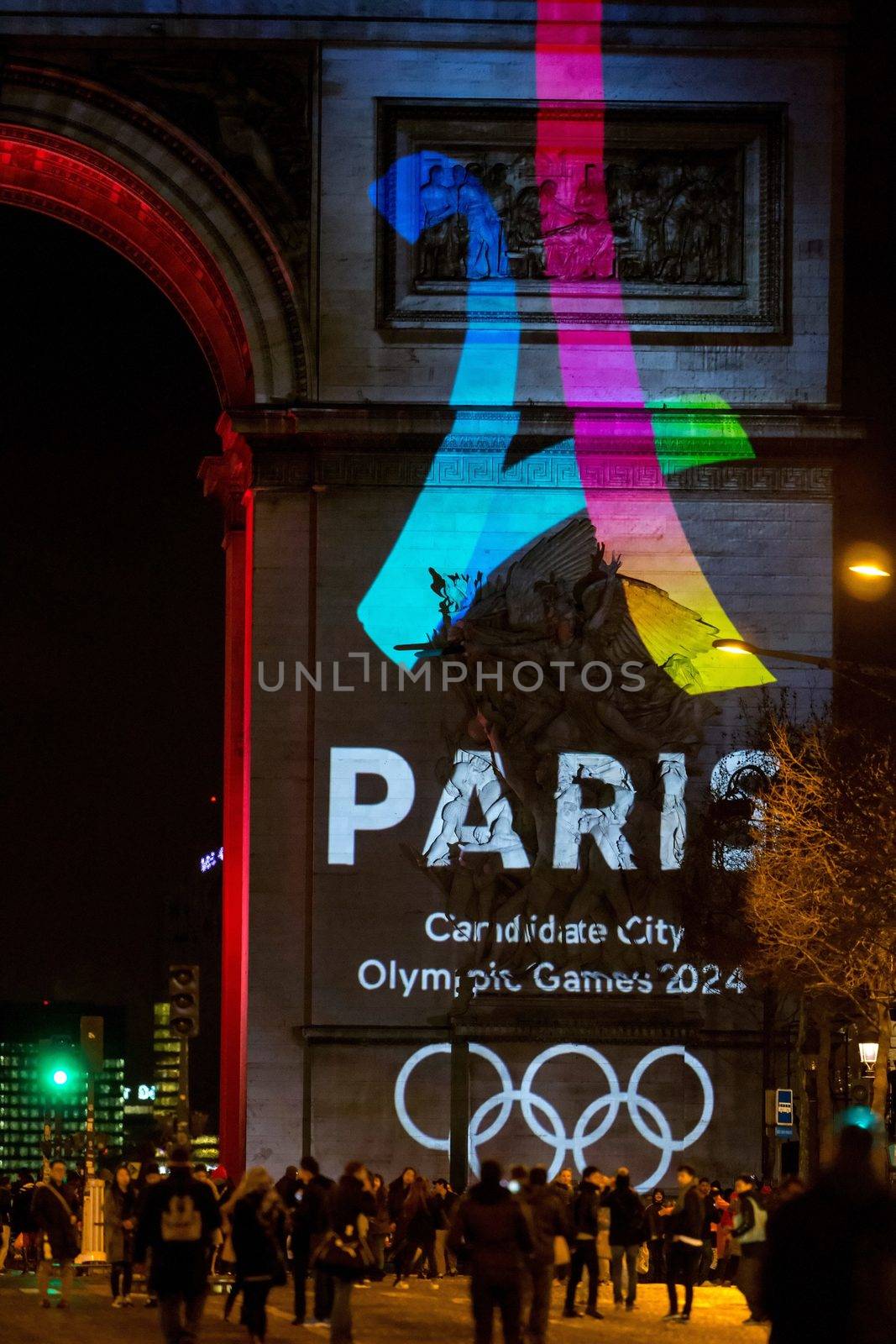 FRANCE, Paris: The logo for Paris as a candidate for the 2024 Olympics Games is projected onto the Arc de Triomphe in Paris on February 9, 2016.