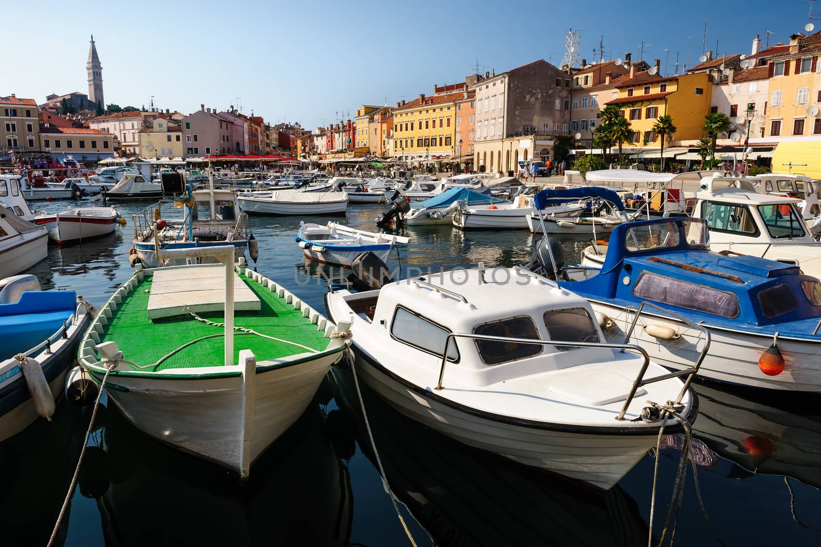 Boats in marina of Rovinj, Istria, Croatia. Typical mediterranean seaside town.