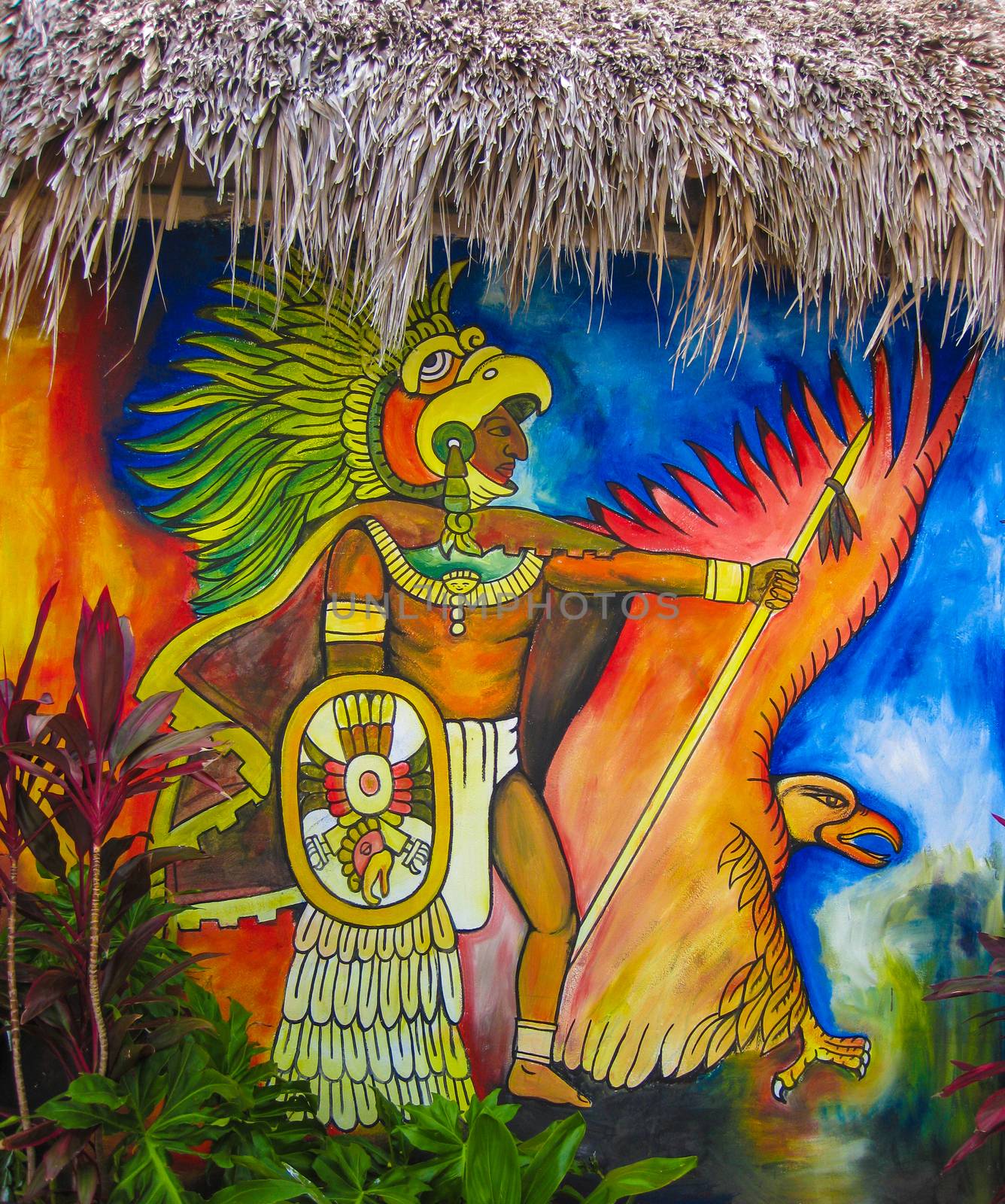 A wall mural depicting an ancient Mayan and an eagle in Yucatan, Mexico.
Photo taken on: June 30th, 2008